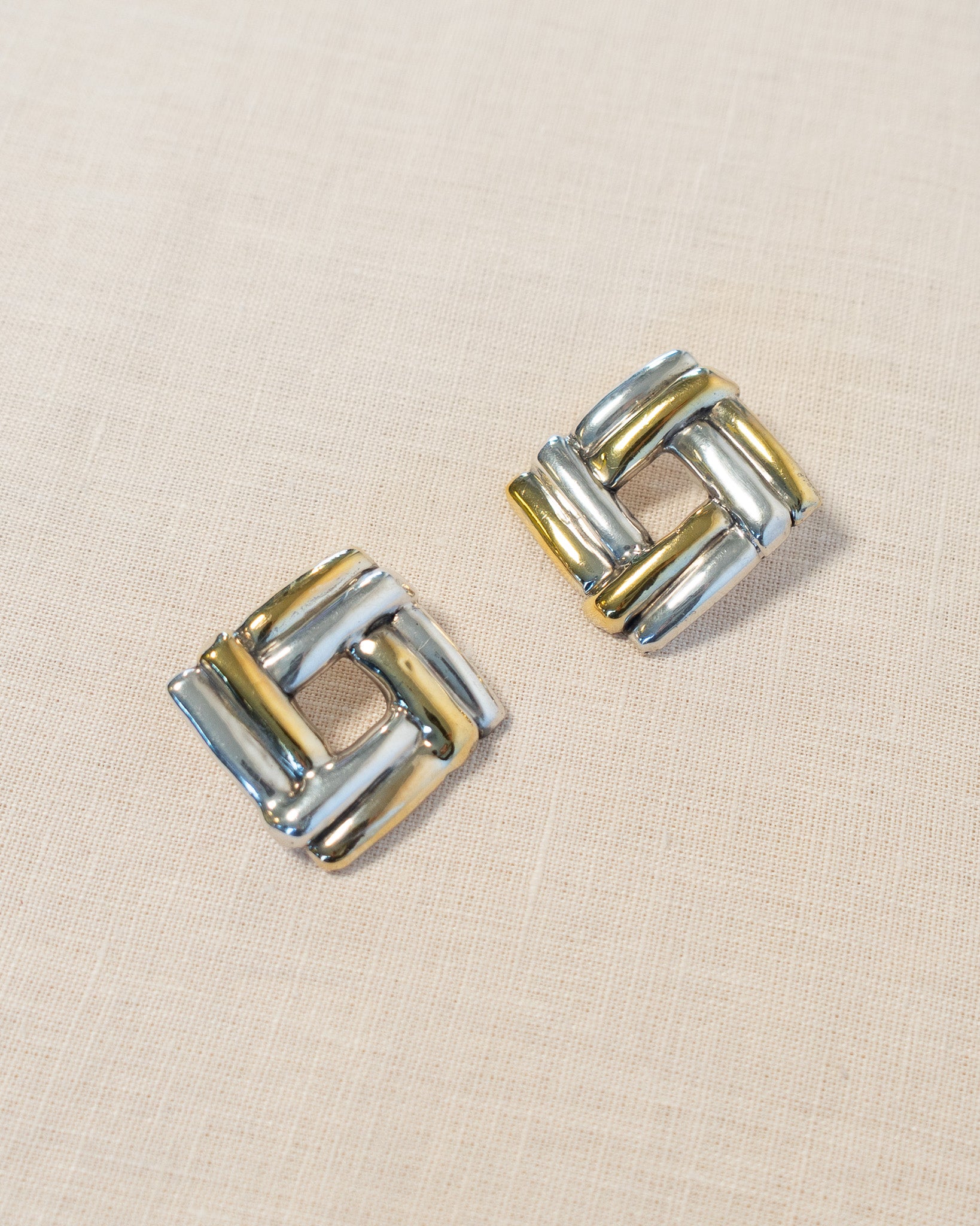 90s Gold & Sterling Silver Square Weave Earrings