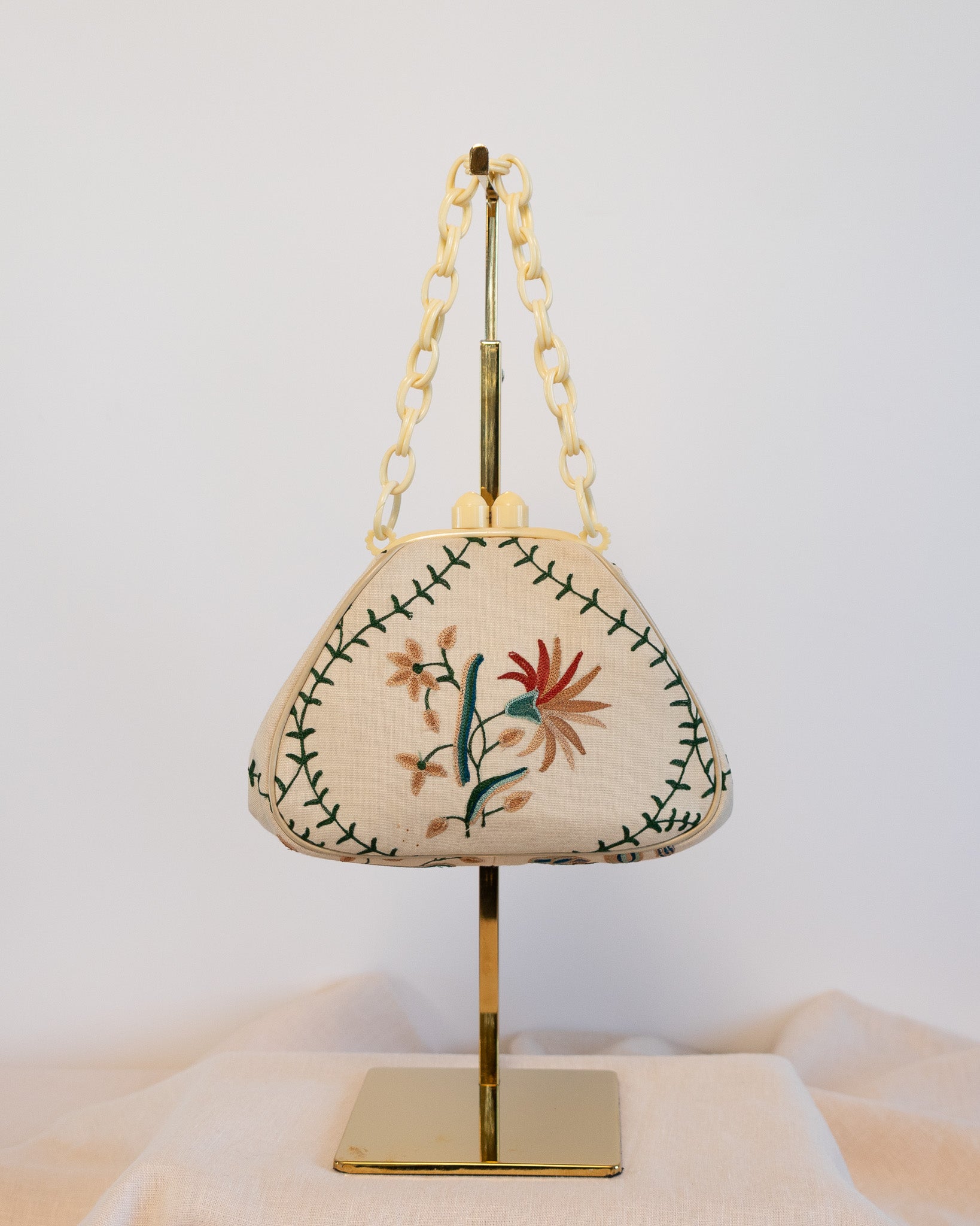 00s Cream Bakelite Floral Embroidered Handbag