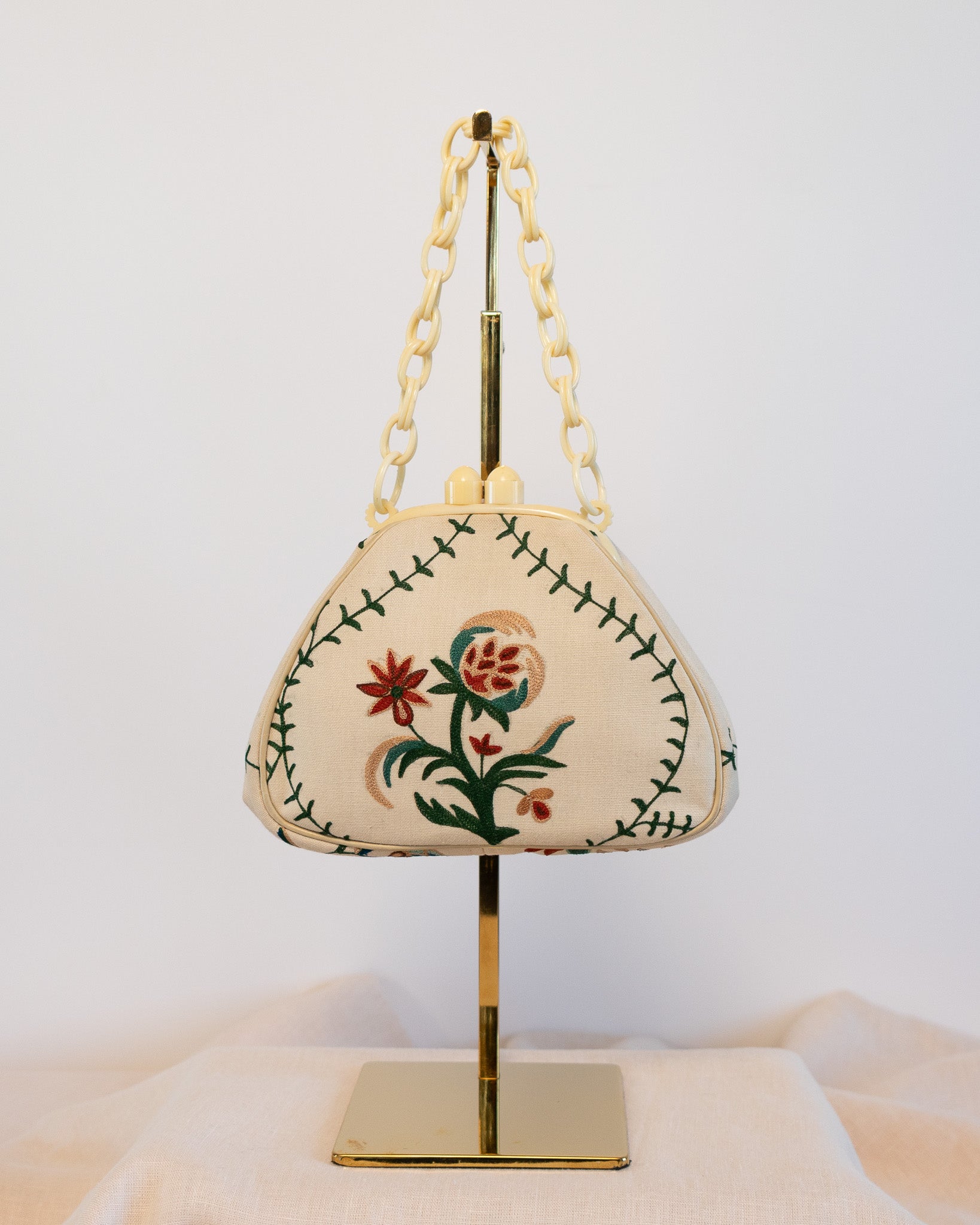 00s Cream Bakelite Floral Embroidered Handbag