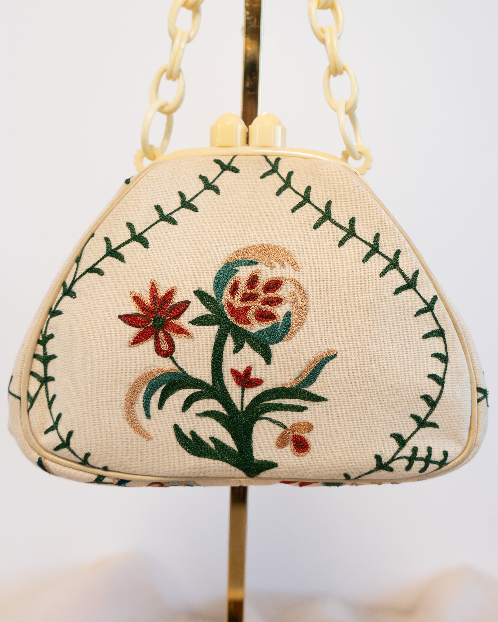 00s Cream Bakelite Floral Embroidered Handbag