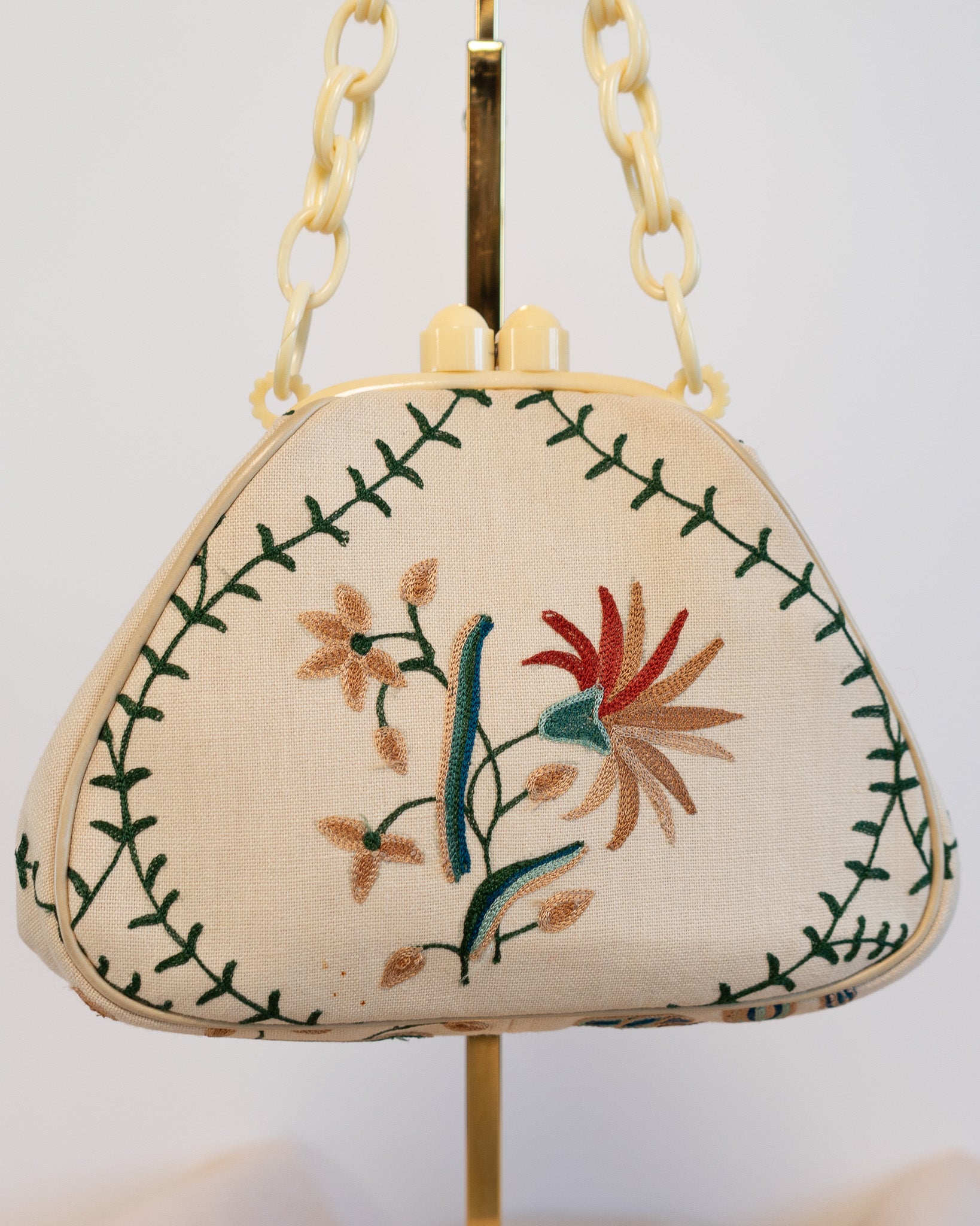 00s Cream Bakelite Floral Embroidered Handbag