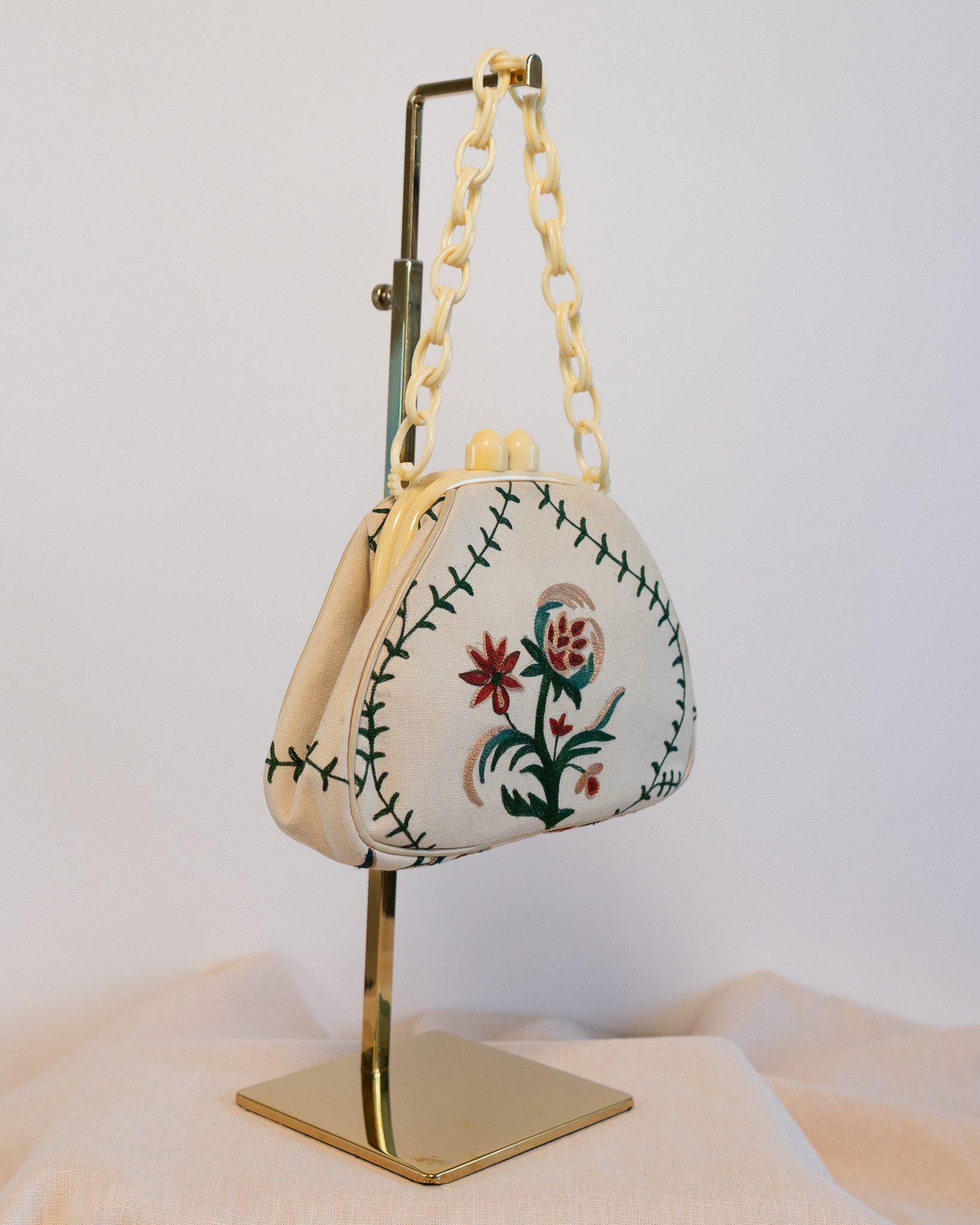 00s Cream Bakelite Floral Embroidered Handbag
