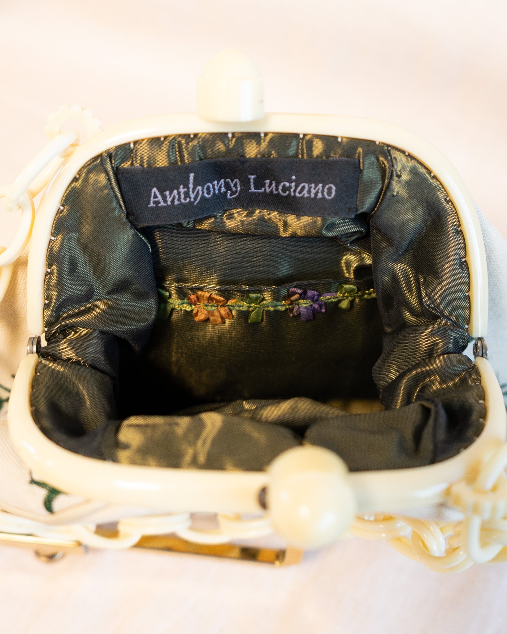 00s Cream Bakelite Floral Embroidered Handbag