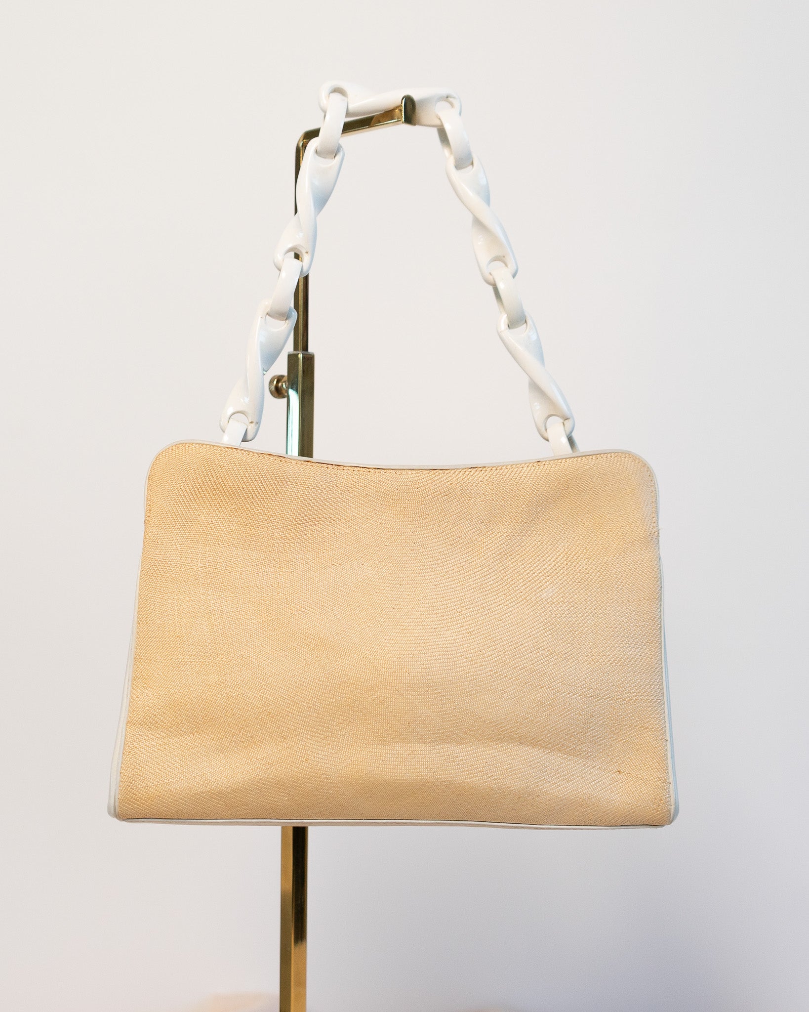 80s Raffia & Leather Cream Twist Link Handbag