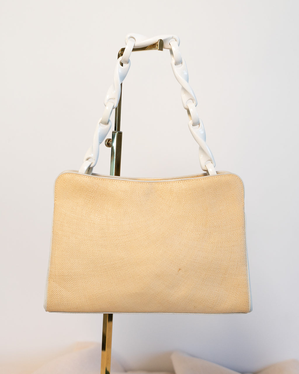 80s Raffia & Leather Cream Twist Link Handbag