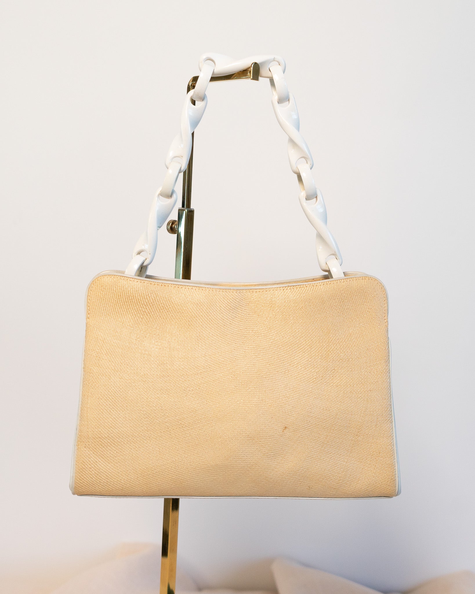 80s Raffia & Leather Cream Twist Link Handbag