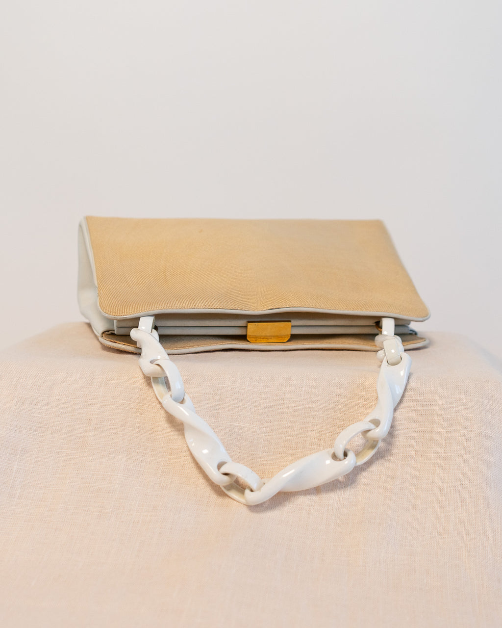 80s Raffia & Leather Cream Twist Link Handbag