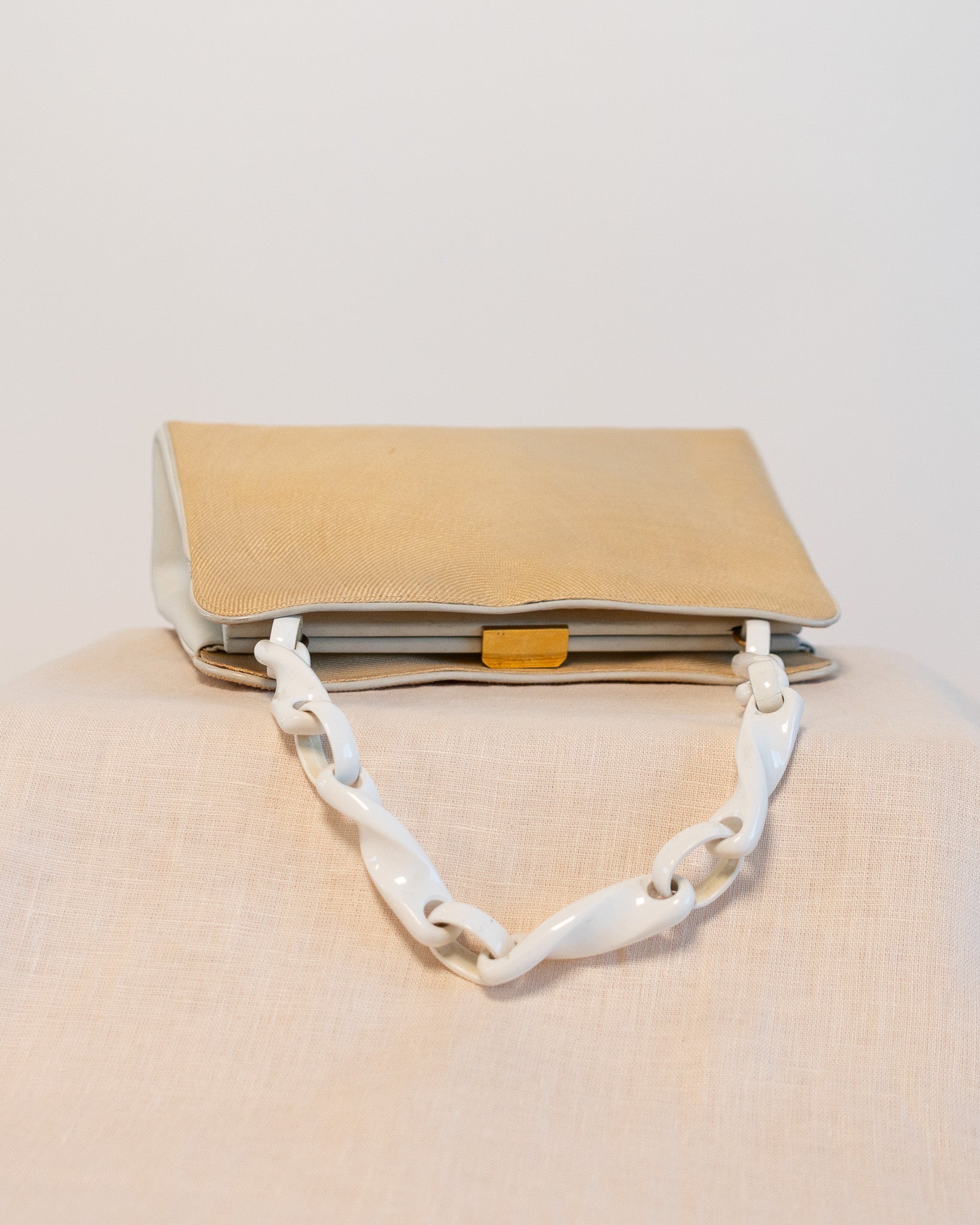 80s Raffia & Leather Cream Twist Link Handbag