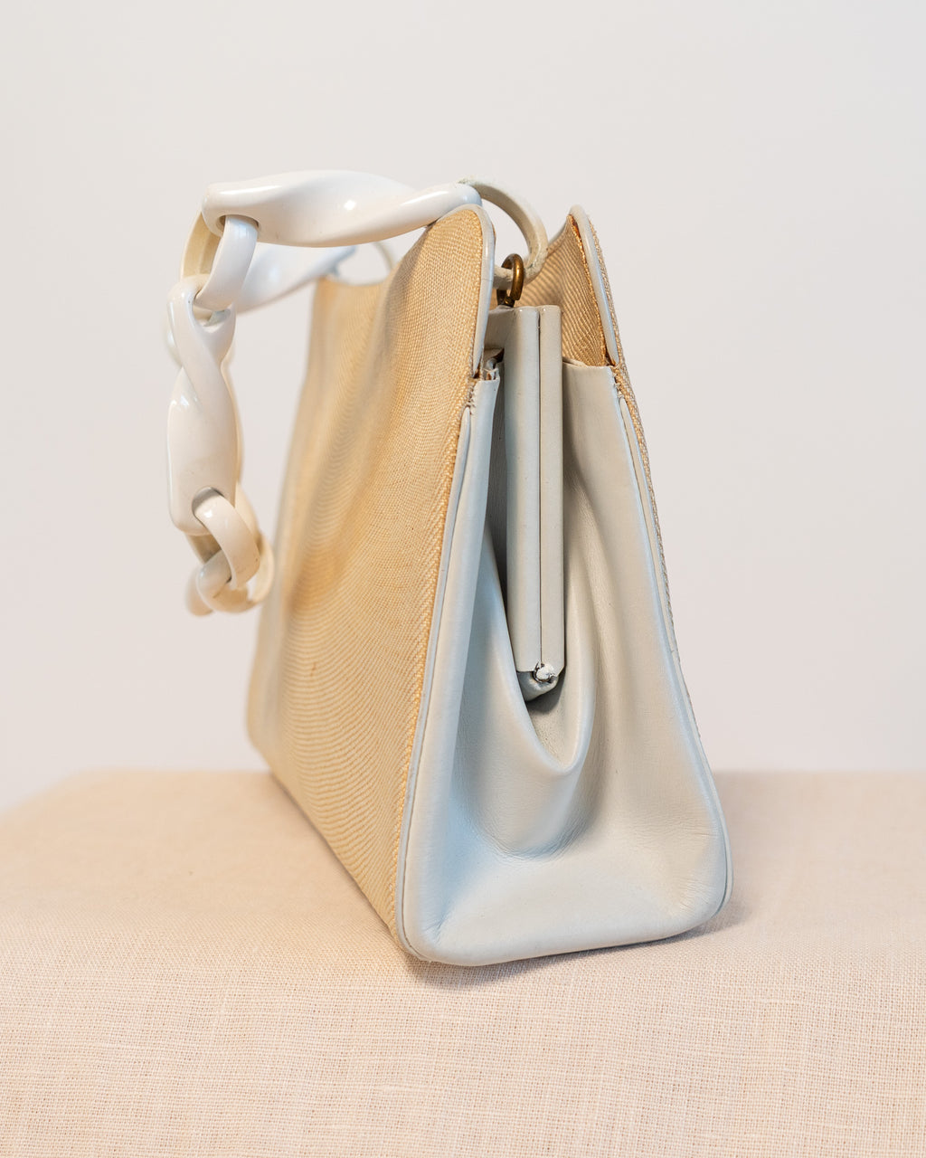 80s Raffia & Leather Cream Twist Link Handbag