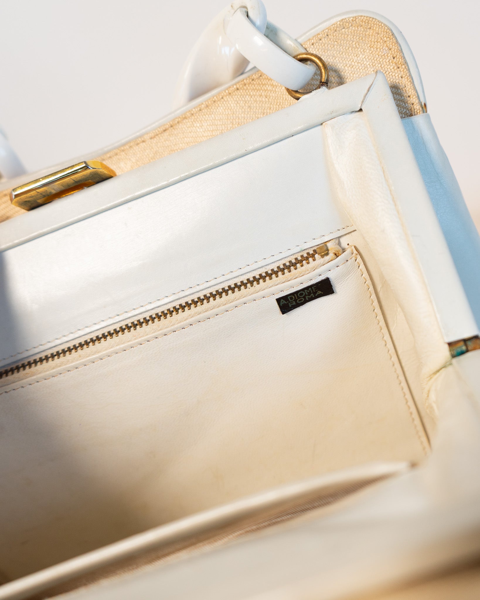 80s Raffia & Leather Cream Twist Link Handbag