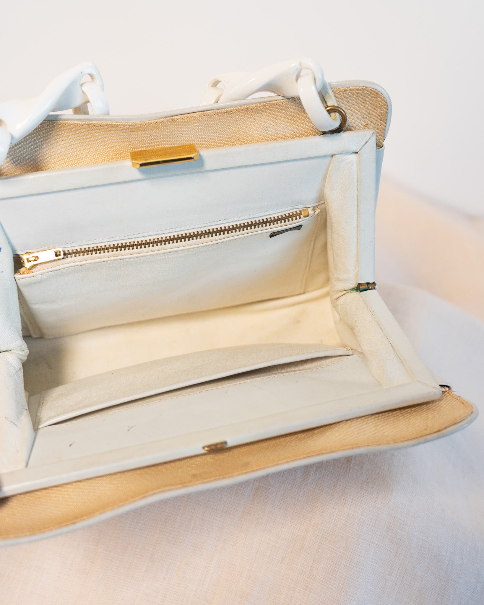 80s Raffia & Leather Cream Twist Link Handbag