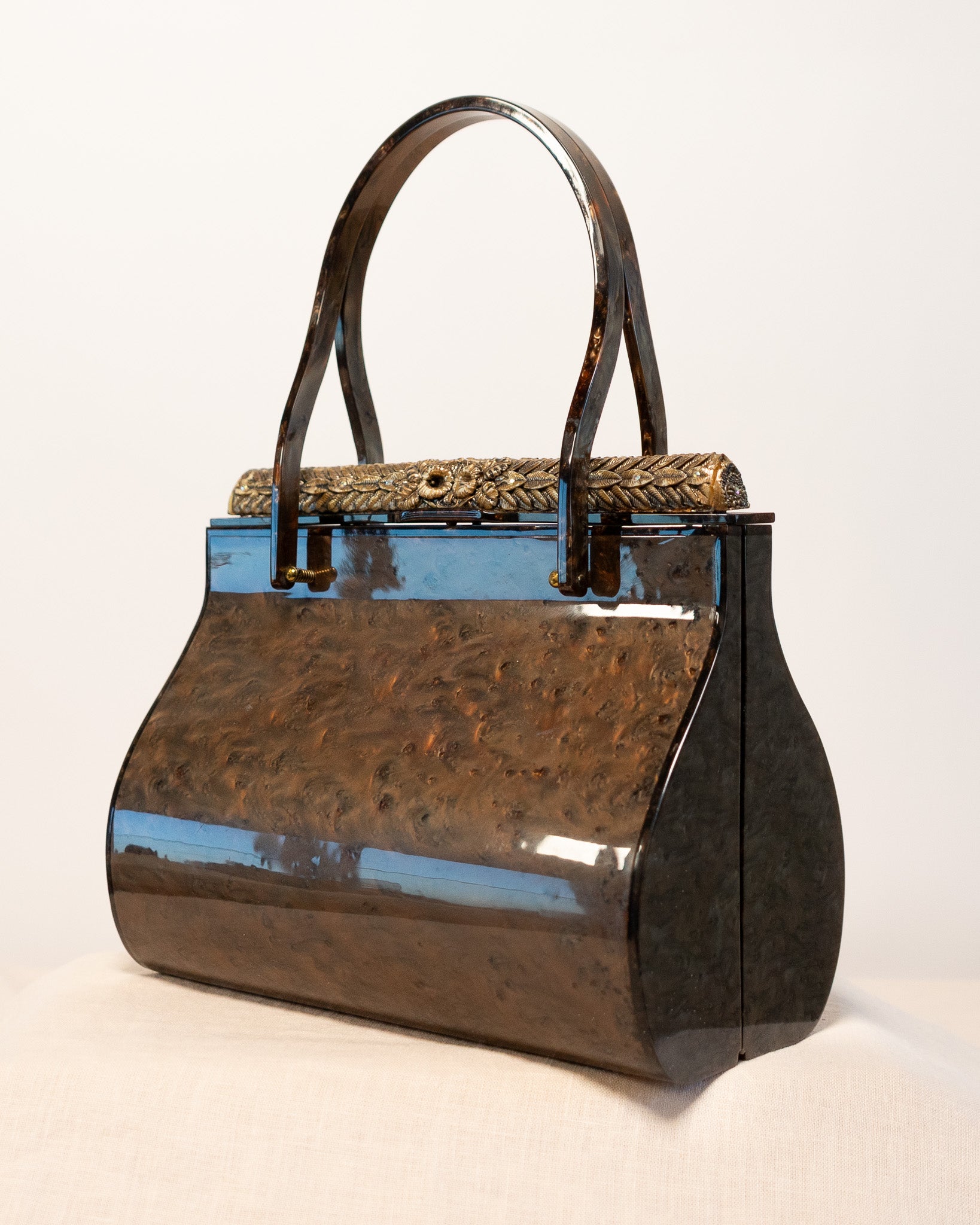 50s Original Willardy of New York Marbleized Cocoa Color Lucite Handbag