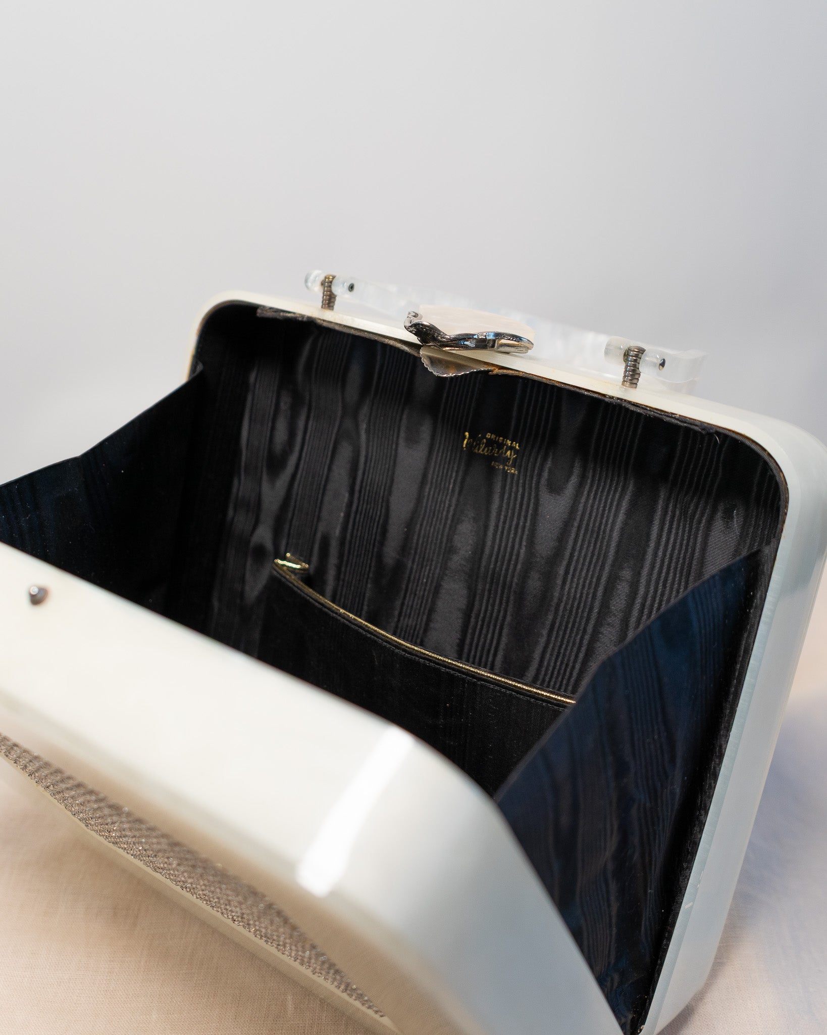 50s Original Willardy of New York Opalescent White Lucite & Diamonds Handbag