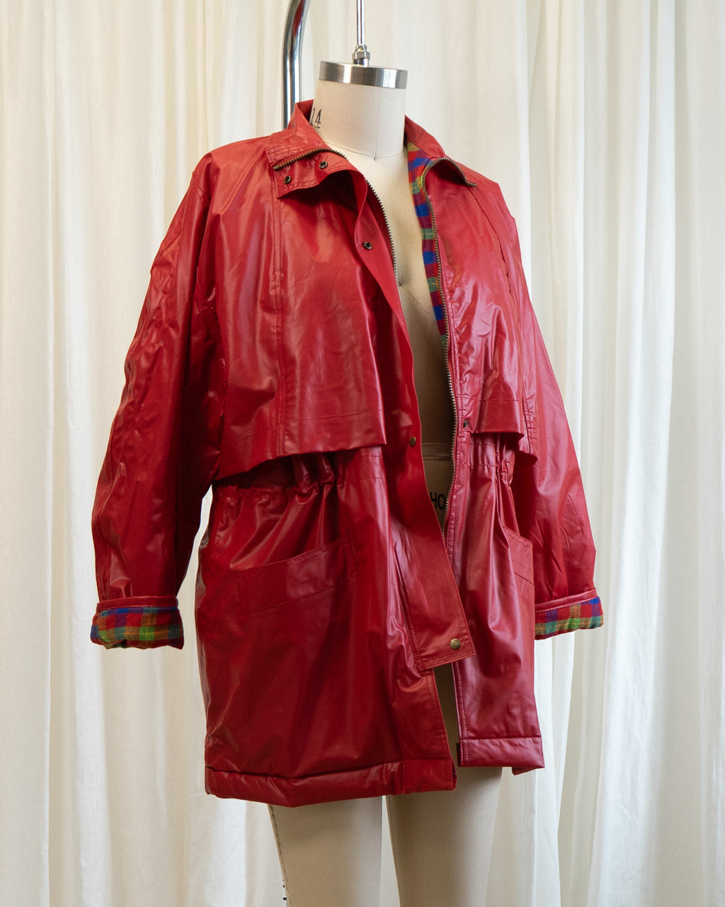 90s Totes Red Nylon Rain Jacket w Plaid Cotton Lining