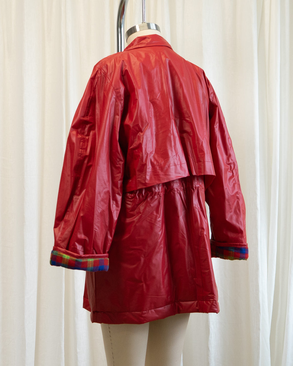 90s Totes Red Nylon Rain Jacket w Plaid Cotton Lining
