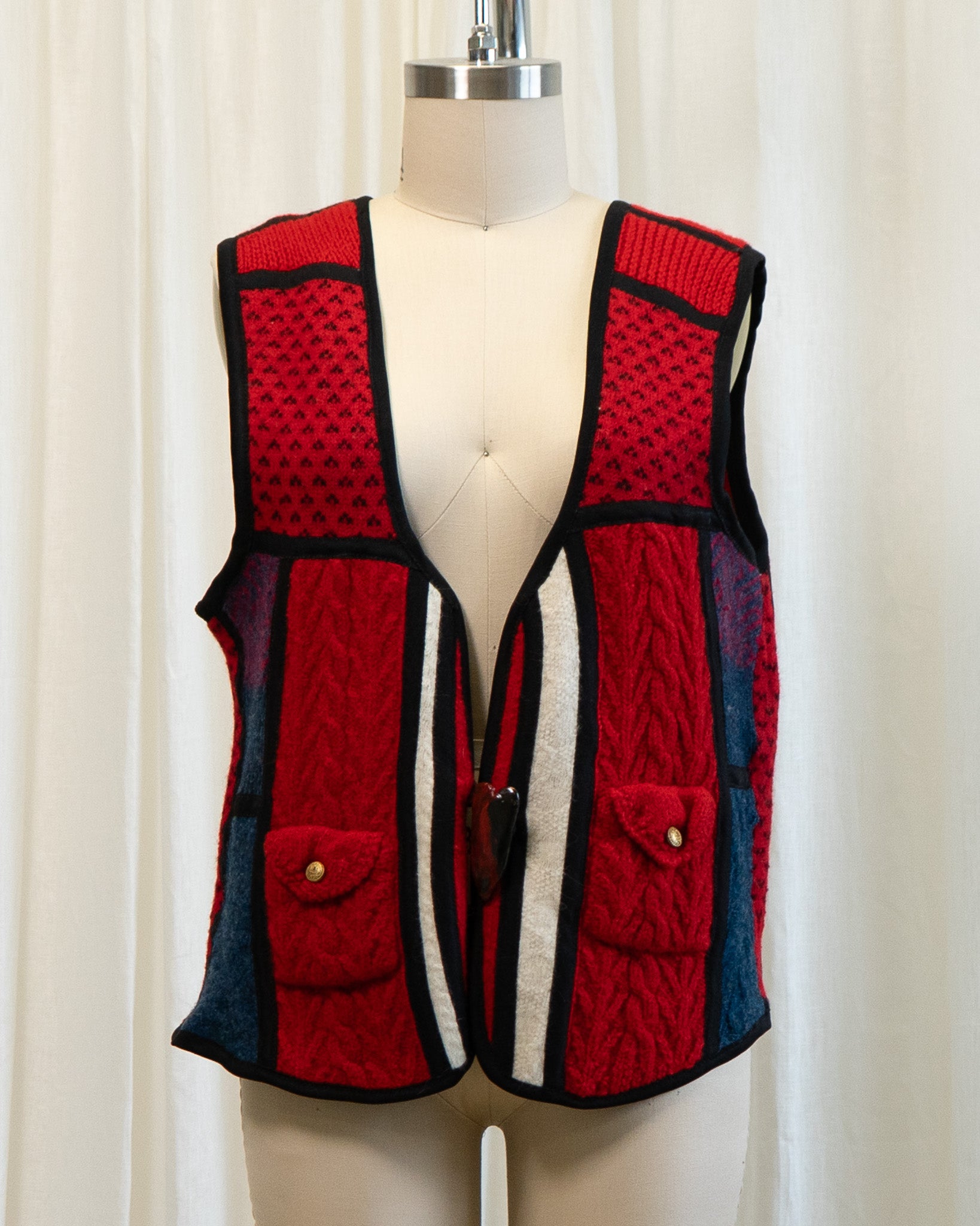 80s Red Handmade Patchwork Wool Vest w Heart Button