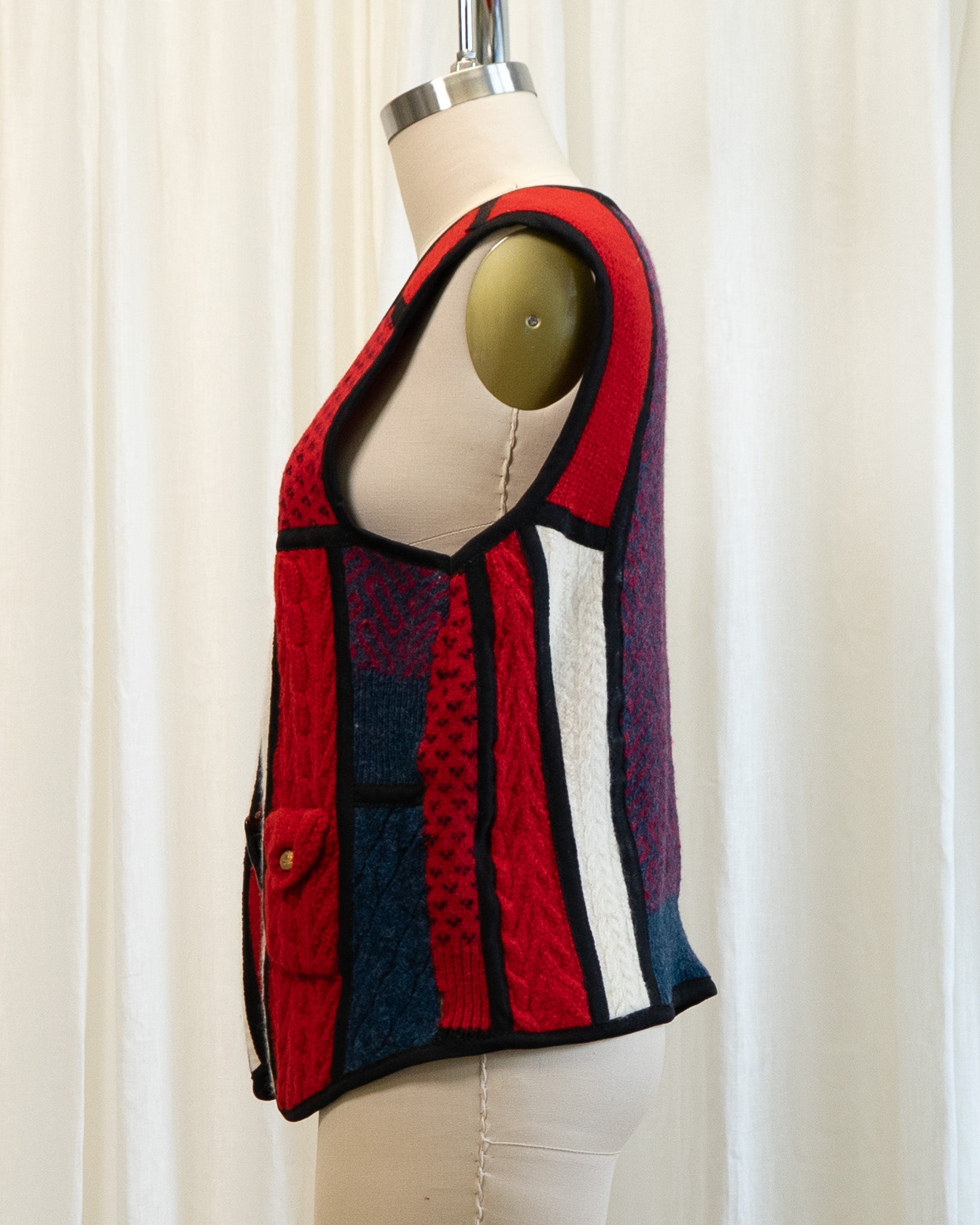 80s Red Handmade Patchwork Wool Vest w Heart Button