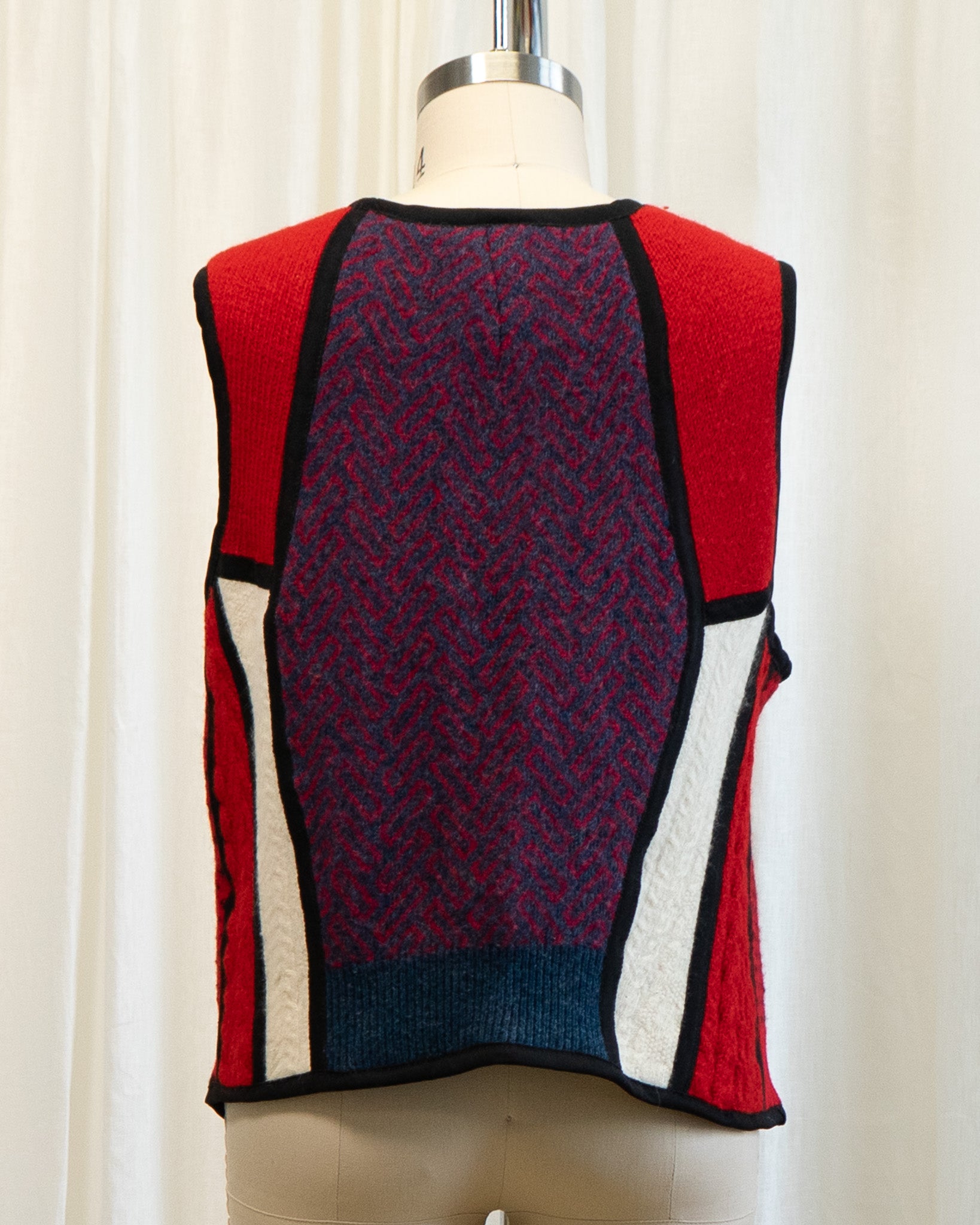 80s Red Handmade Patchwork Wool Vest w Heart Button