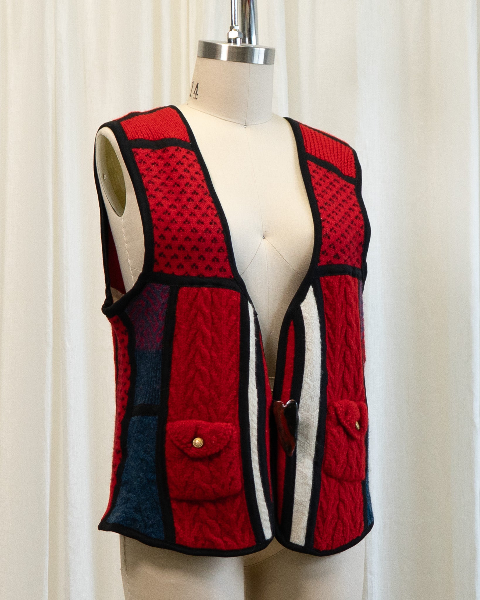 80s Red Handmade Patchwork Wool Vest w Heart Button
