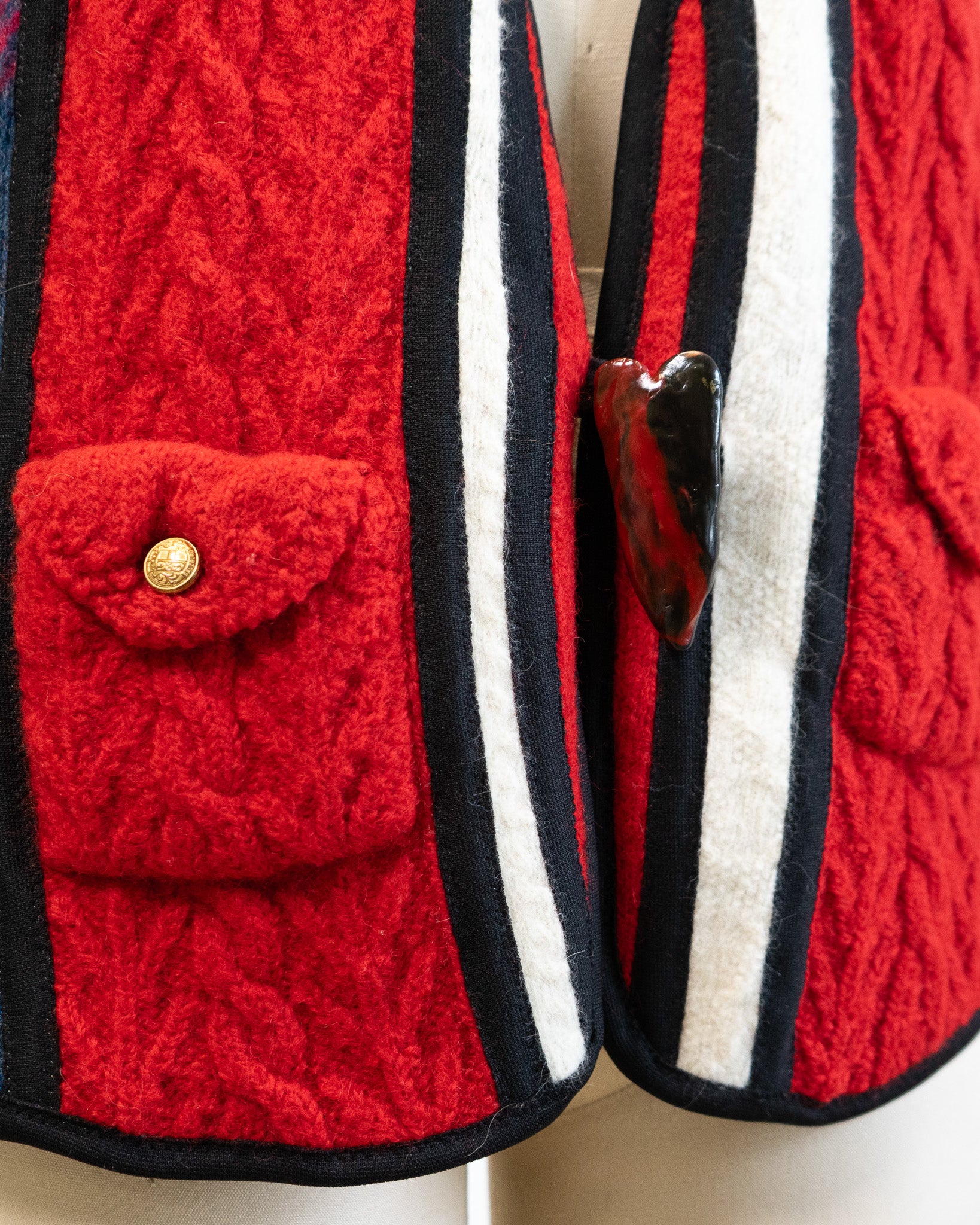 80s Red Handmade Patchwork Wool Vest w Heart Button