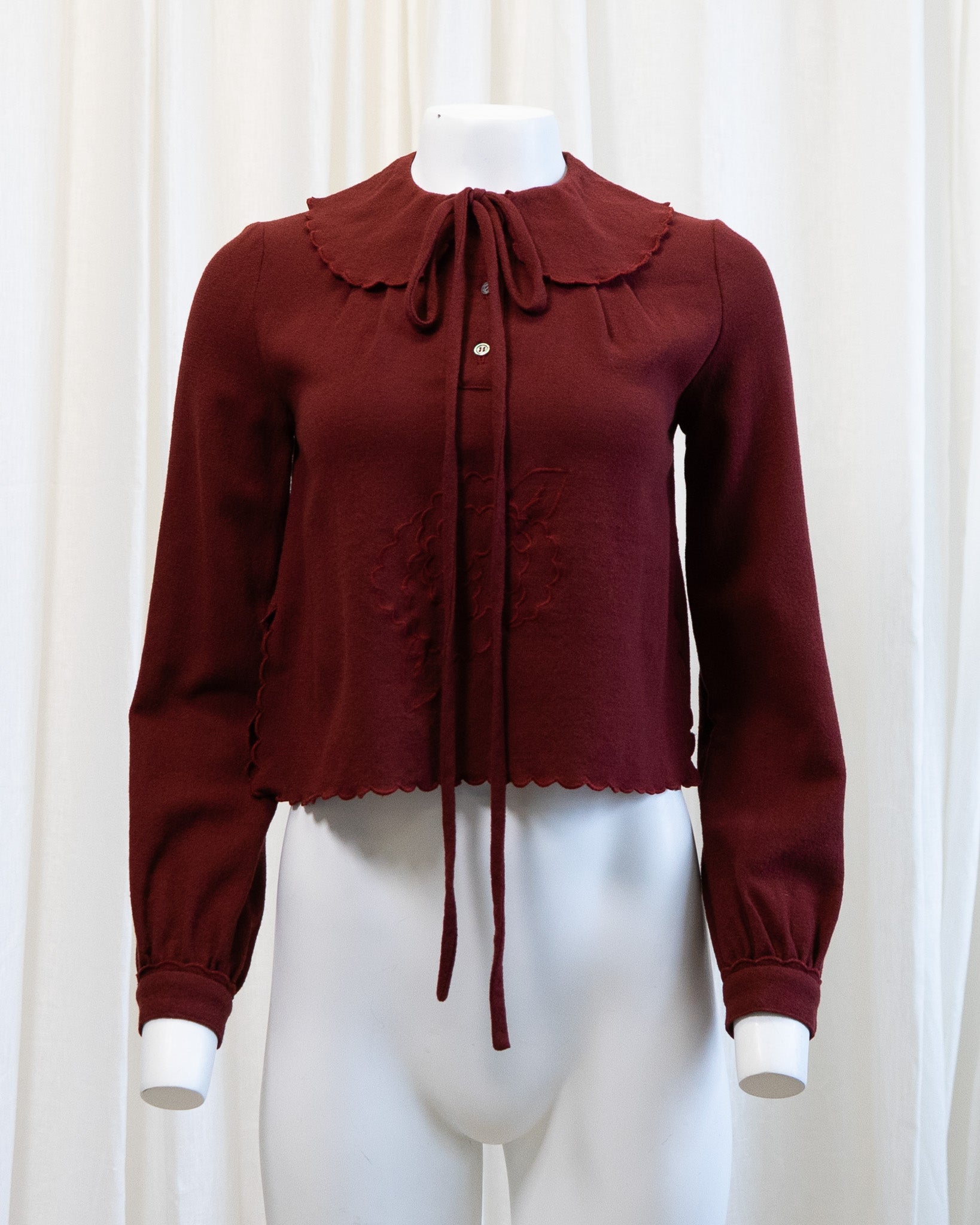 70s Maroon Pure Wool Scalloped Platter Collar Cropped Blouse