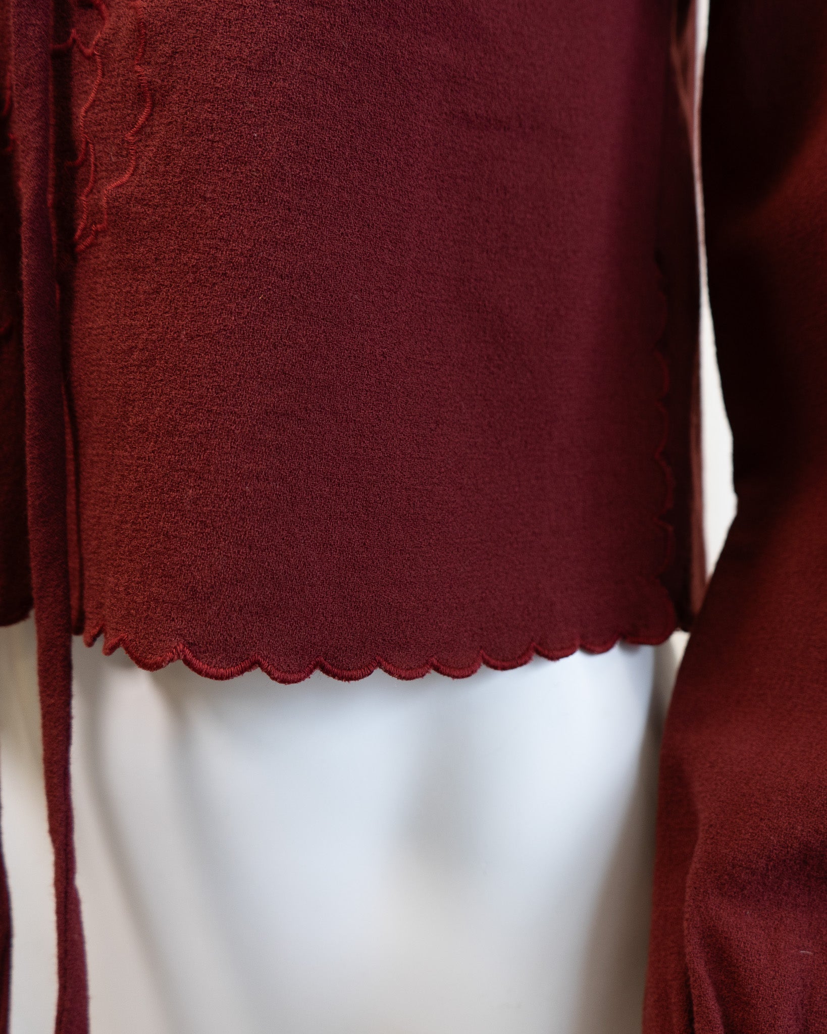 70s Maroon Pure Wool Scalloped Platter Collar Cropped Blouse