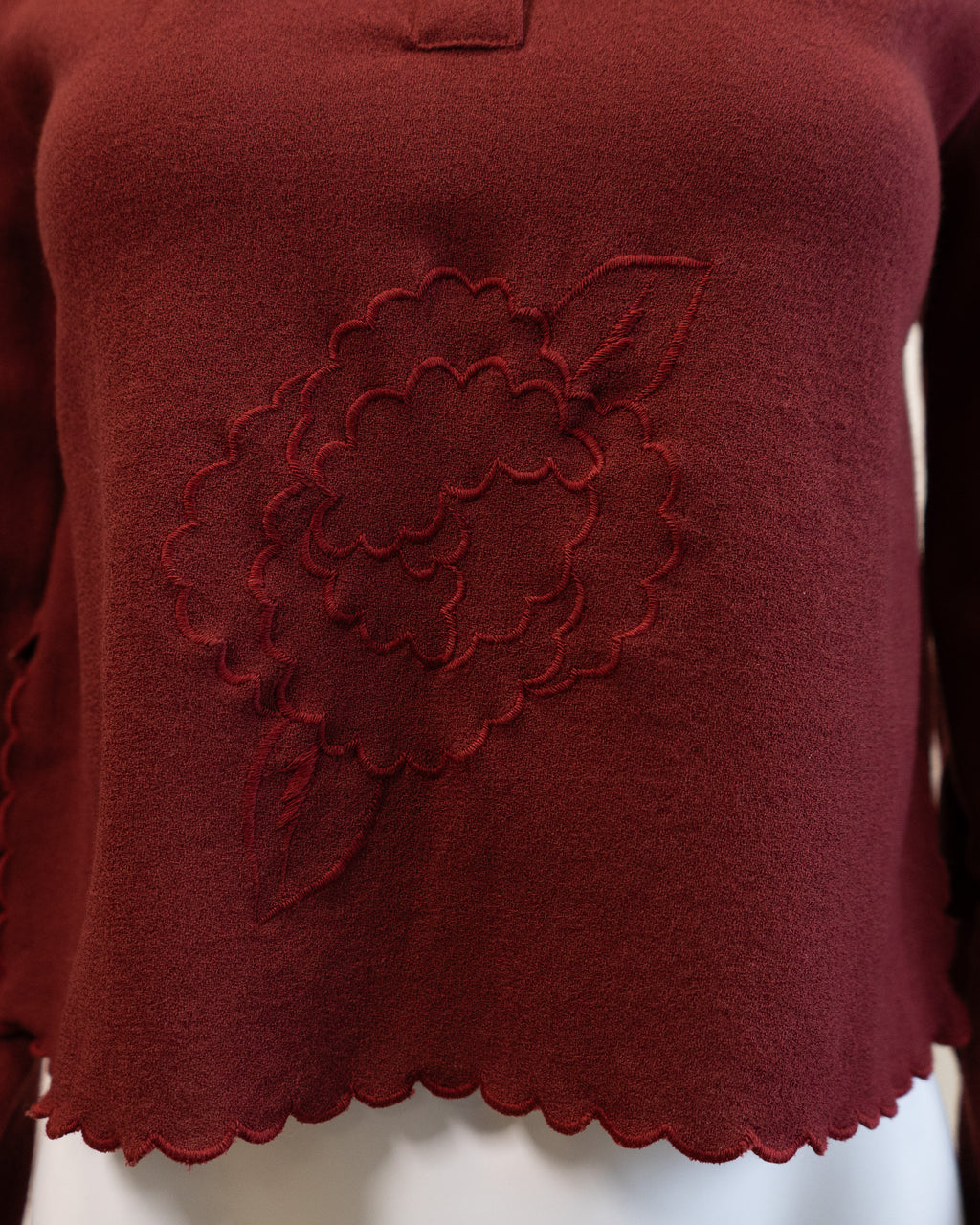 70s Maroon Pure Wool Scalloped Platter Collar Cropped Blouse