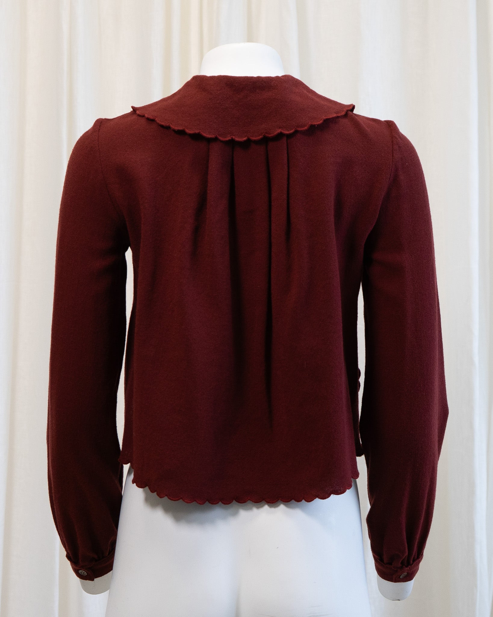 70s Maroon Pure Wool Scalloped Platter Collar Cropped Blouse