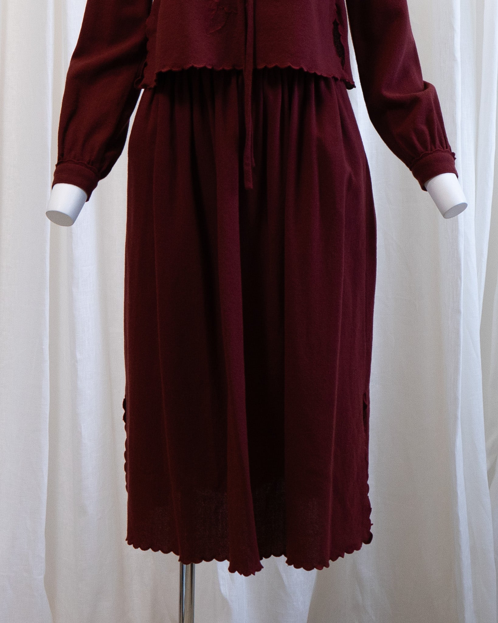 70s Maroon Pure Wool Scalloped Midi Skirt