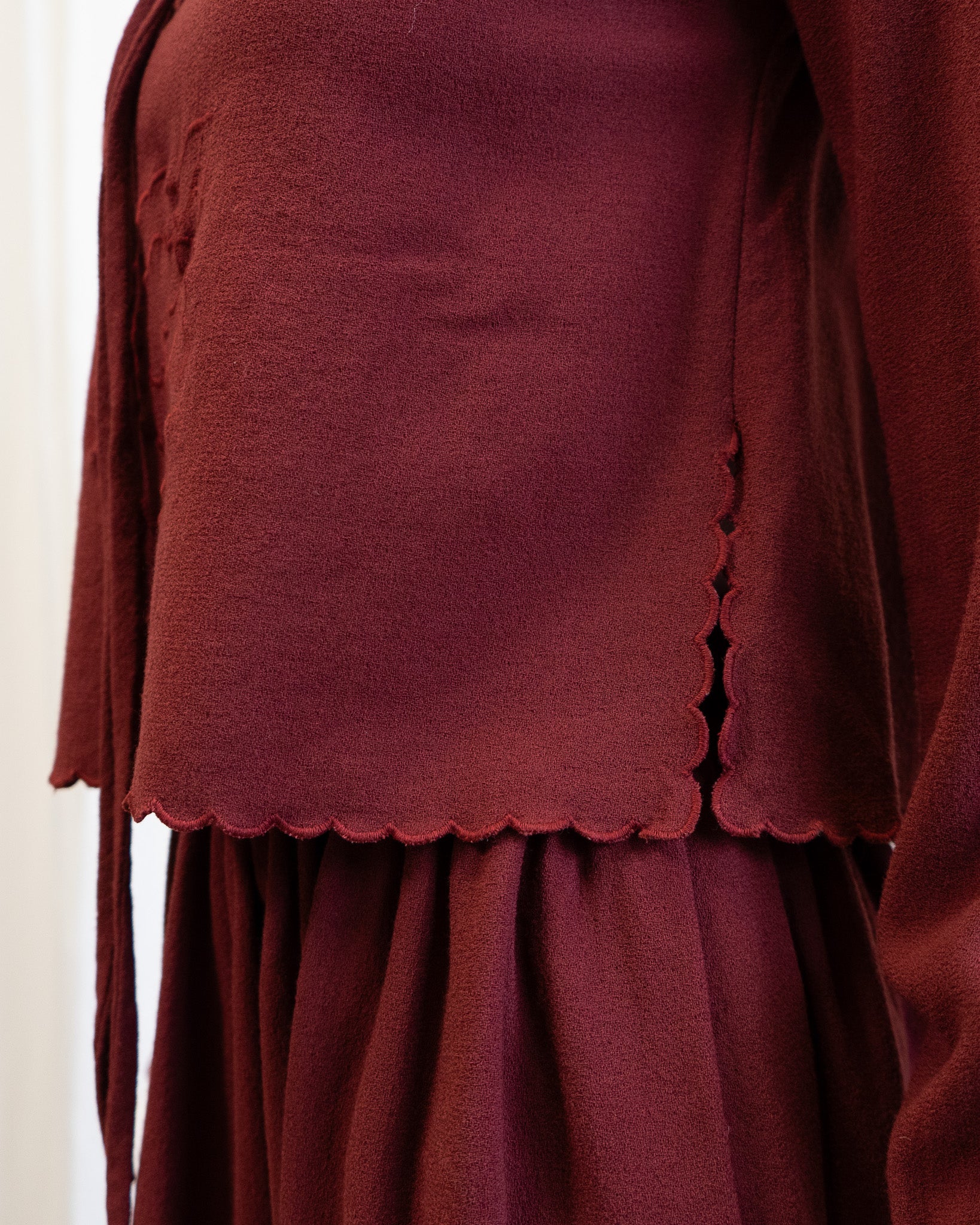 70s Maroon Pure Wool Scalloped Midi Skirt