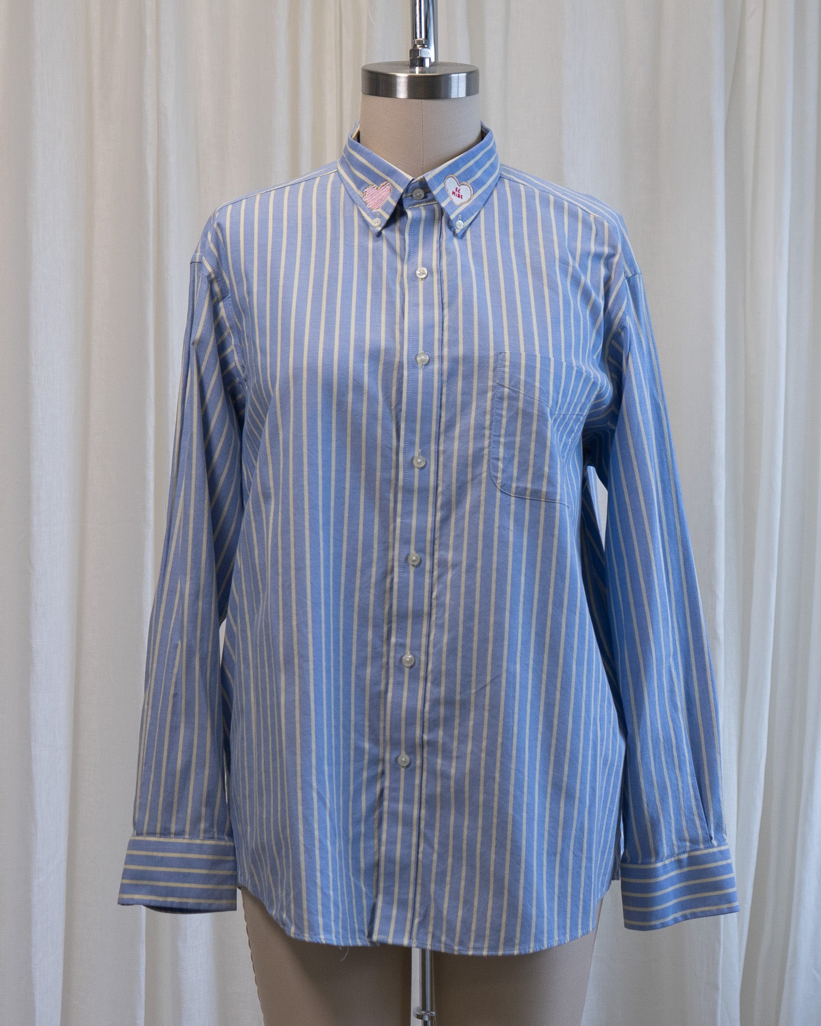 00s "Valentine Cookies" Embroidered Light Blue Striped Button Down Shirt