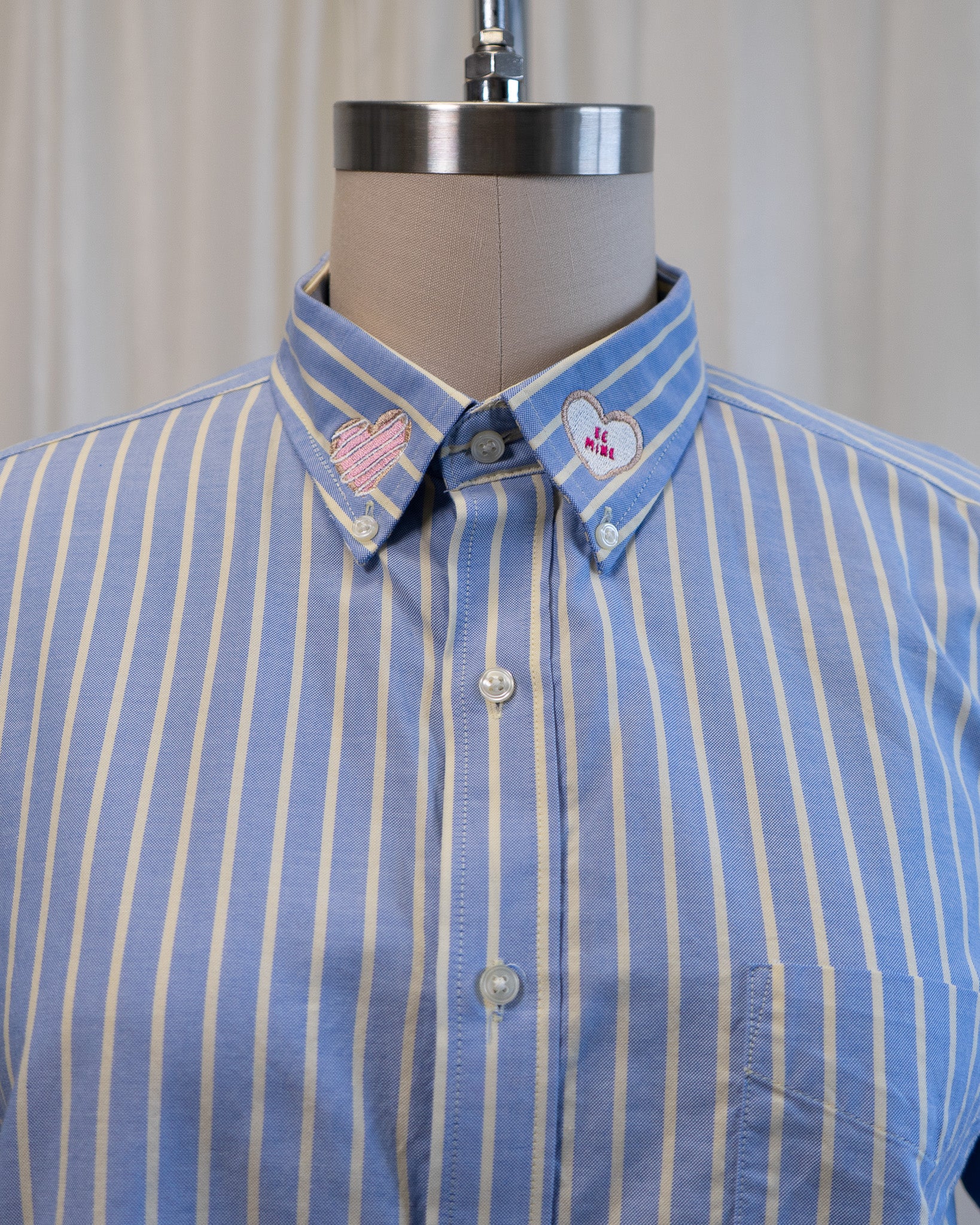 00s "Valentine Cookies" Embroidered Light Blue Striped Button Down Shirt
