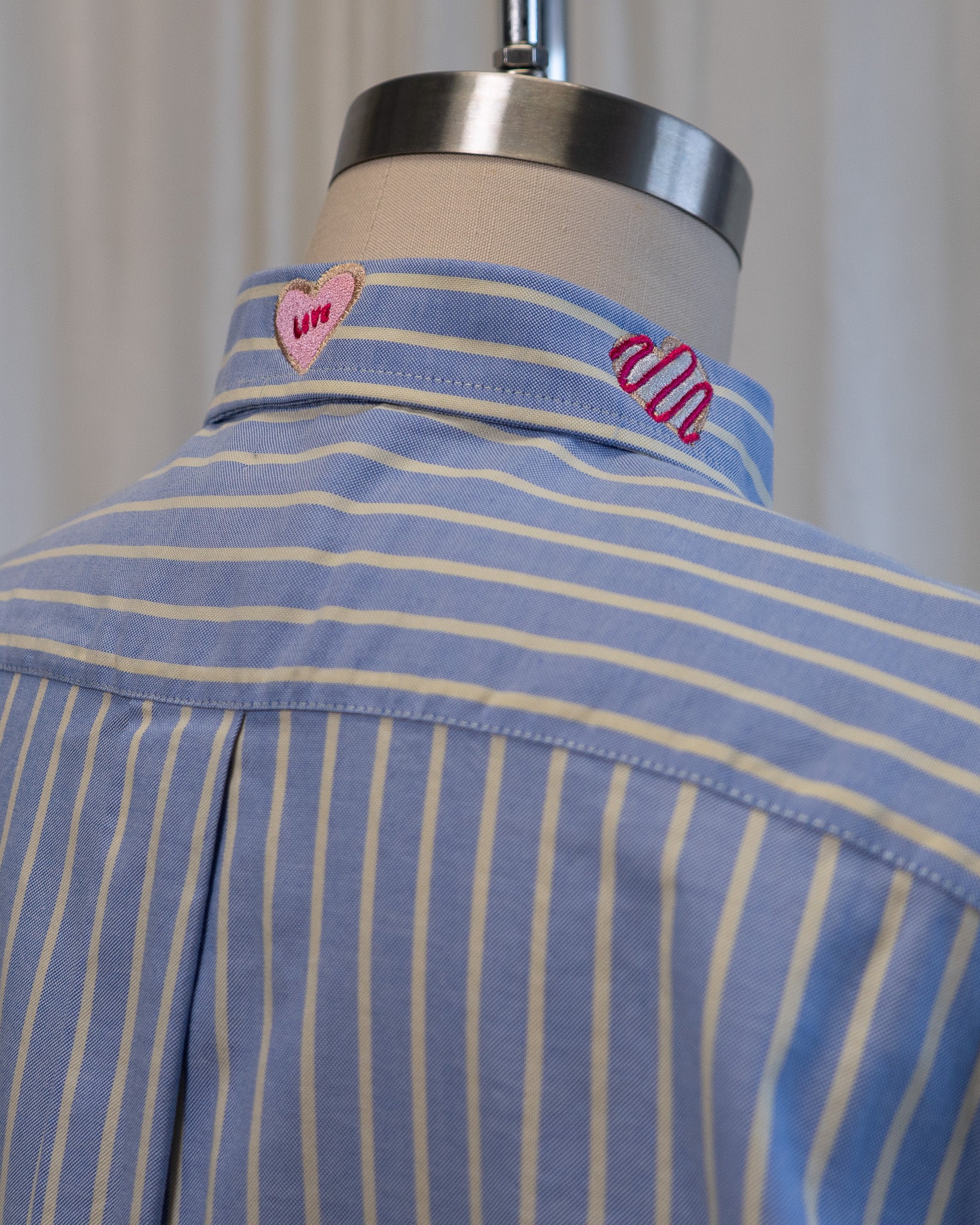 00s "Valentine Cookies" Embroidered Light Blue Striped Button Down Shirt