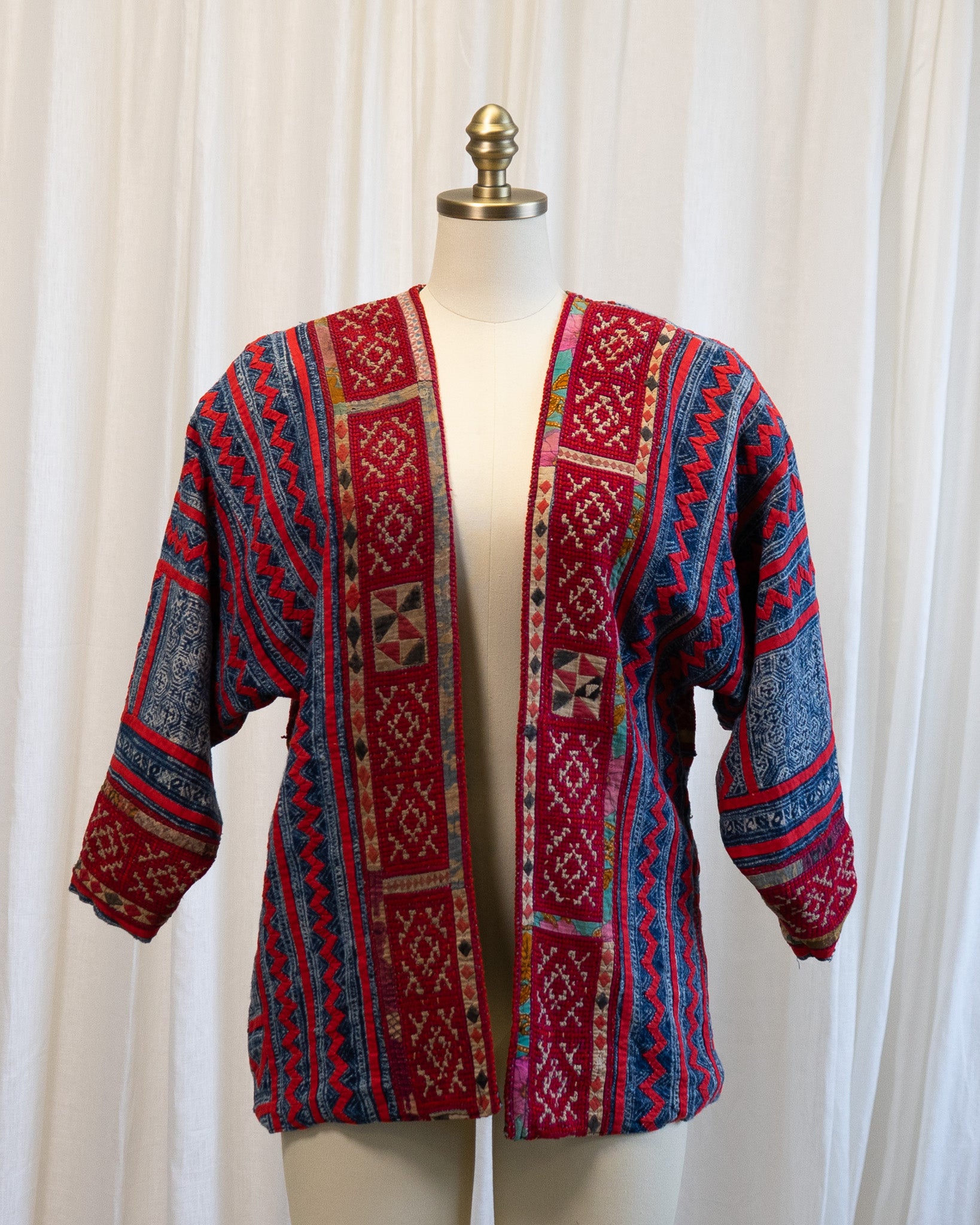 80s Hand Made Ethnic Hmong Indigo & Red Cross Stitch Jacket w Silk Cross Stitch Lining