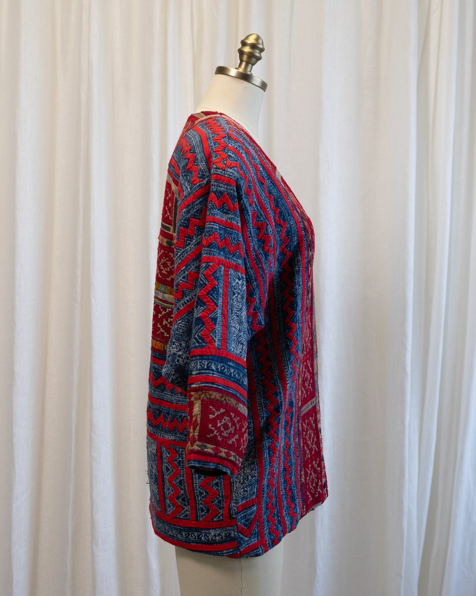 80s Hand Made Ethnic Hmong Indigo & Red Cross Stitch Jacket w Silk Cross Stitch Lining