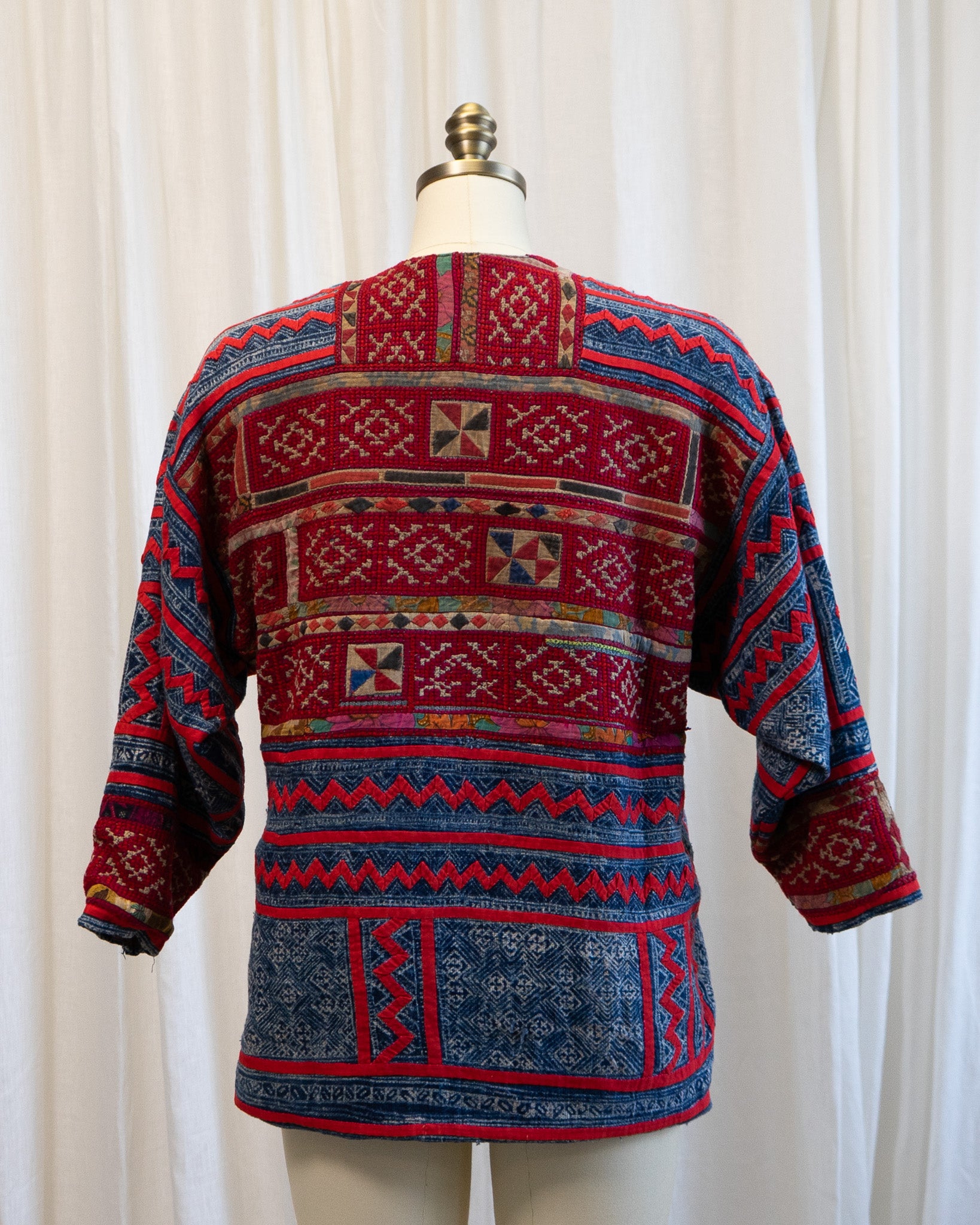 80s Hand Made Ethnic Hmong Indigo & Red Cross Stitch Jacket w Silk Cross Stitch Lining