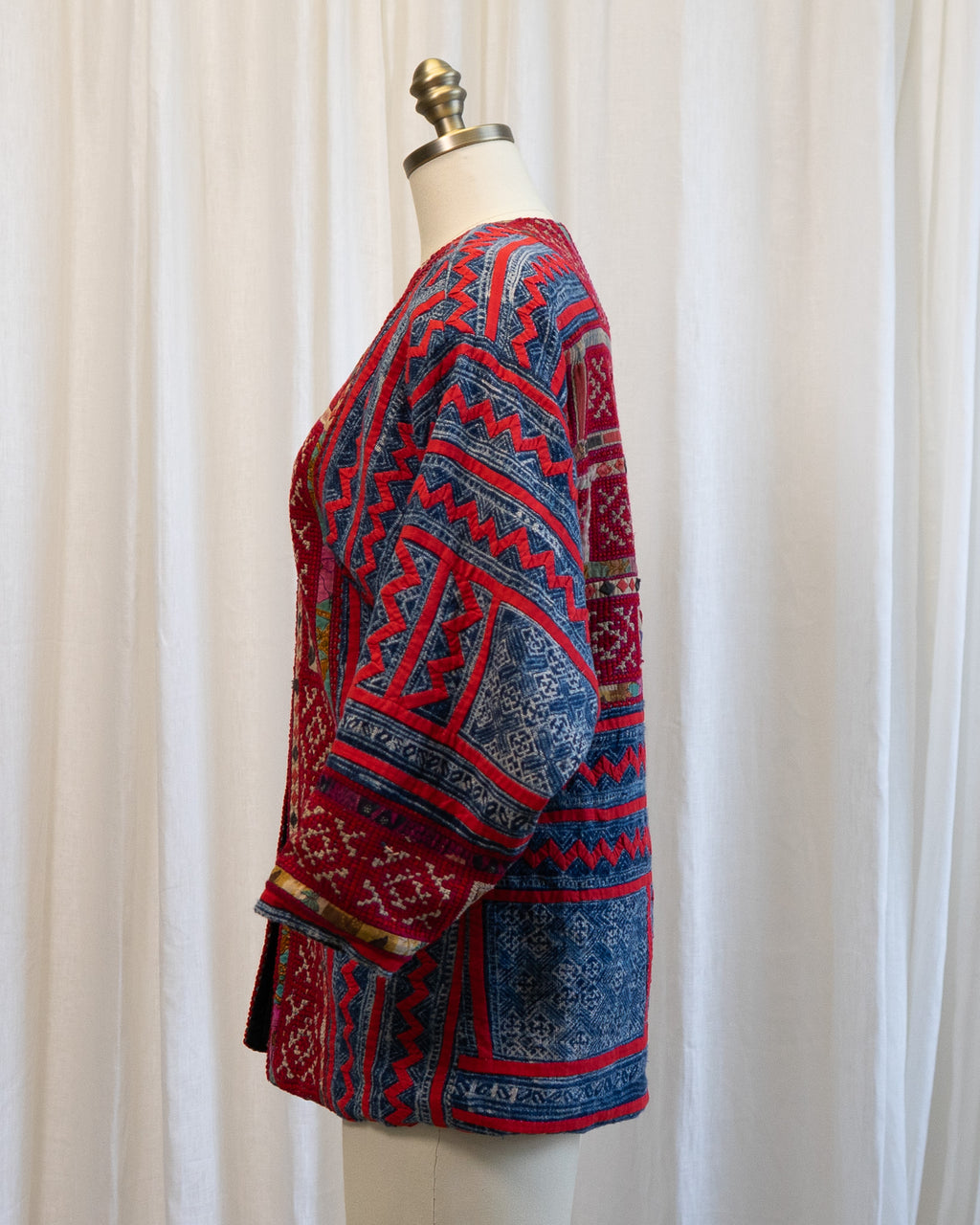 80s Hand Made Ethnic Hmong Indigo & Red Cross Stitch Jacket w Silk Cross Stitch Lining