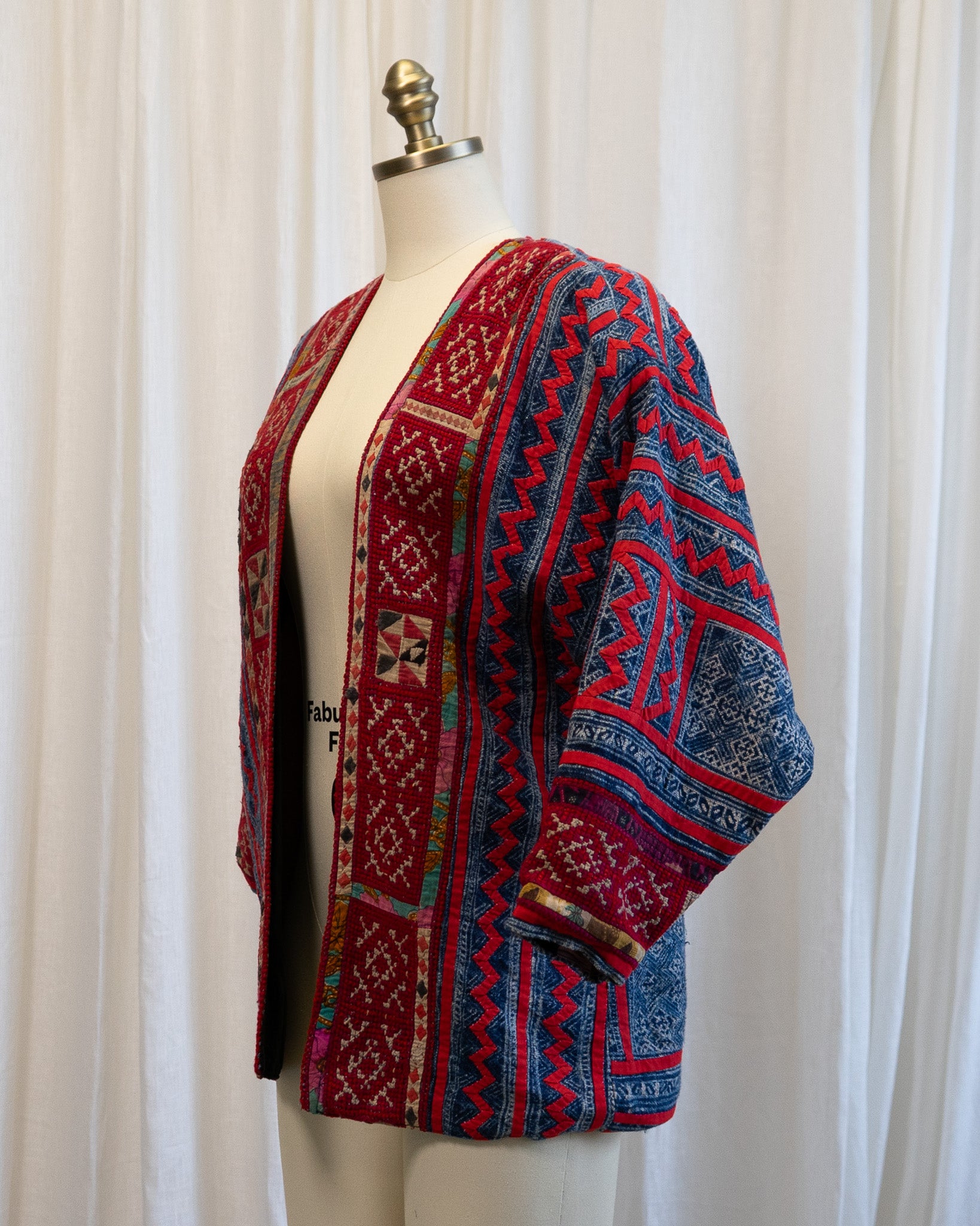 80s Hand Made Ethnic Hmong Indigo & Red Cross Stitch Jacket w Silk Cross Stitch Lining