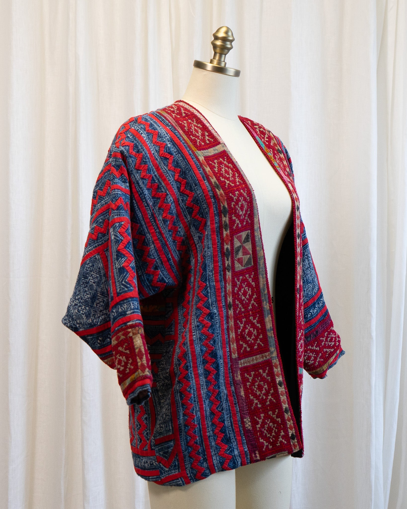 80s Hand Made Ethnic Hmong Indigo & Red Cross Stitch Jacket w Silk Cross Stitch Lining