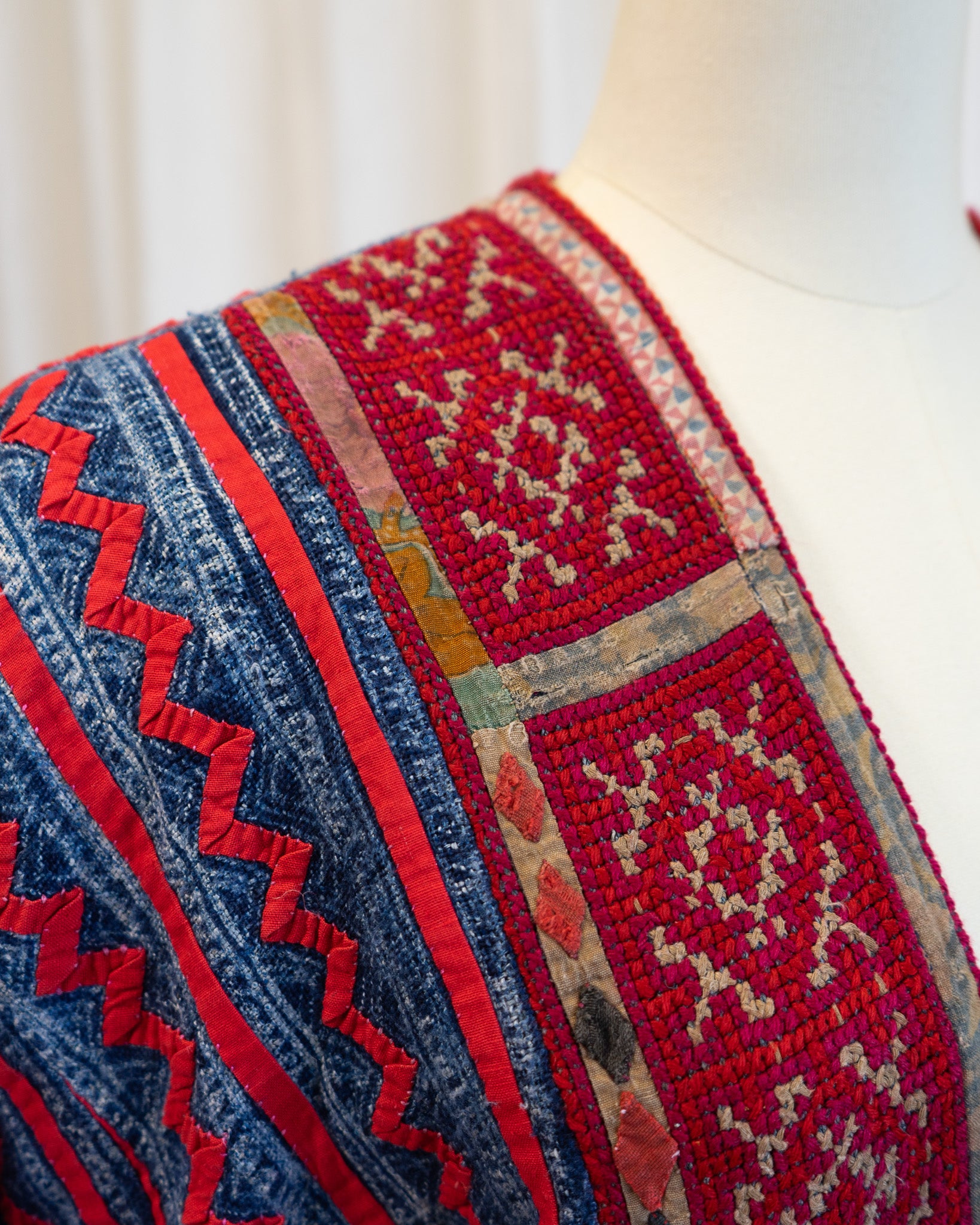 80s Hand Made Ethnic Hmong Indigo & Red Cross Stitch Jacket w Silk Cross Stitch Lining