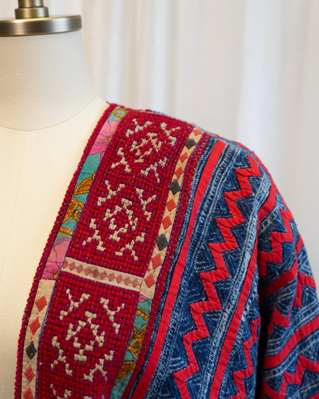 80s Hand Made Ethnic Hmong Indigo & Red Cross Stitch Jacket w Silk Cross Stitch Lining