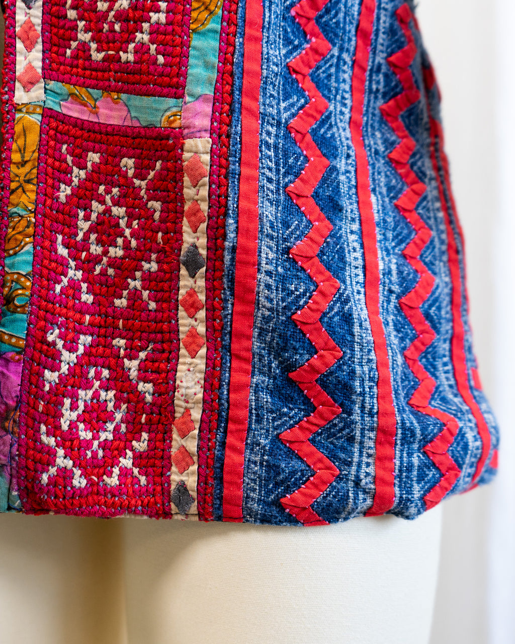 80s Hand Made Ethnic Hmong Indigo & Red Cross Stitch Jacket w Silk Cross Stitch Lining