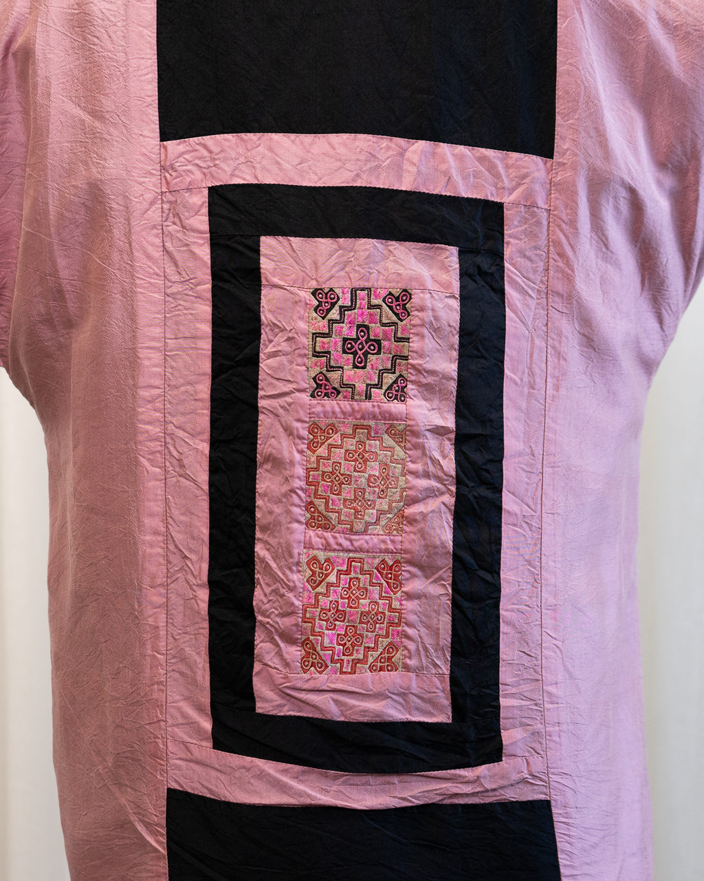 80s Hand Made Ethnic Hmong Indigo & Red Cross Stitch Jacket w Silk Cross Stitch Lining