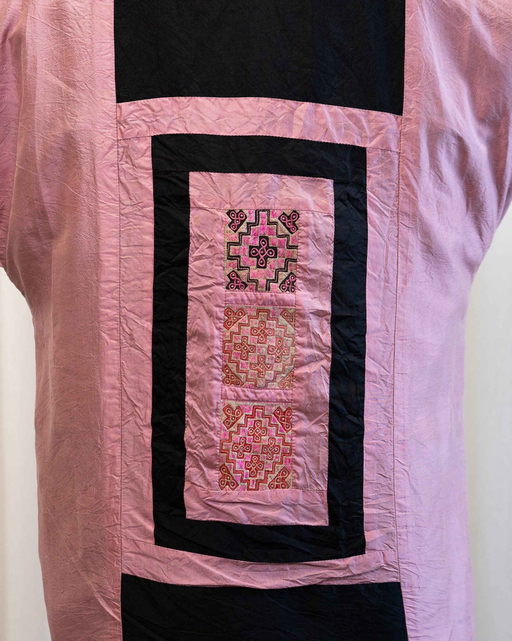 80s Hand Made Ethnic Hmong Indigo & Red Cross Stitch Jacket w Silk Cross Stitch Lining