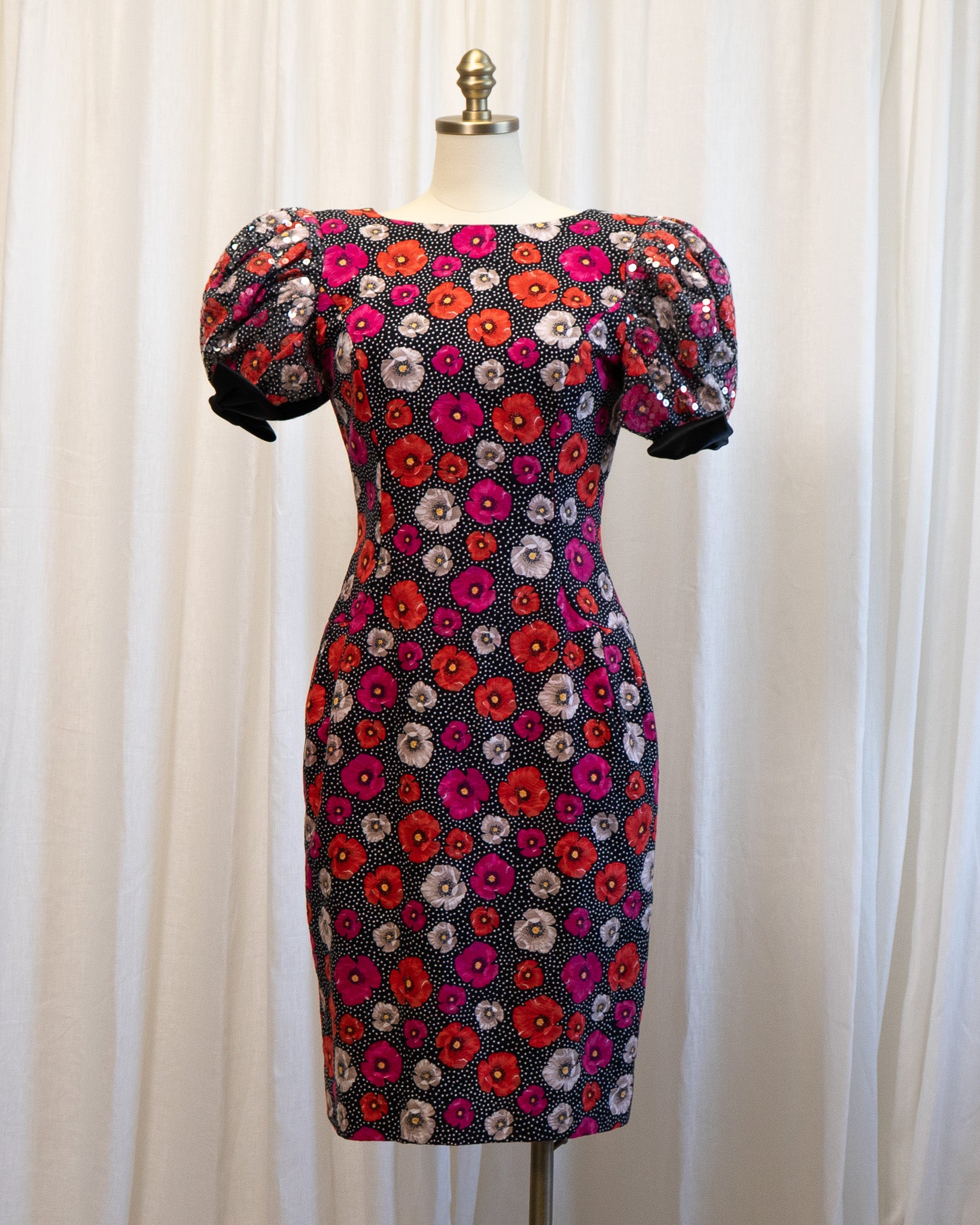 80s Morton Myles Poppies Polka Dot Sequined Puff Sleeve Cocktail Dress