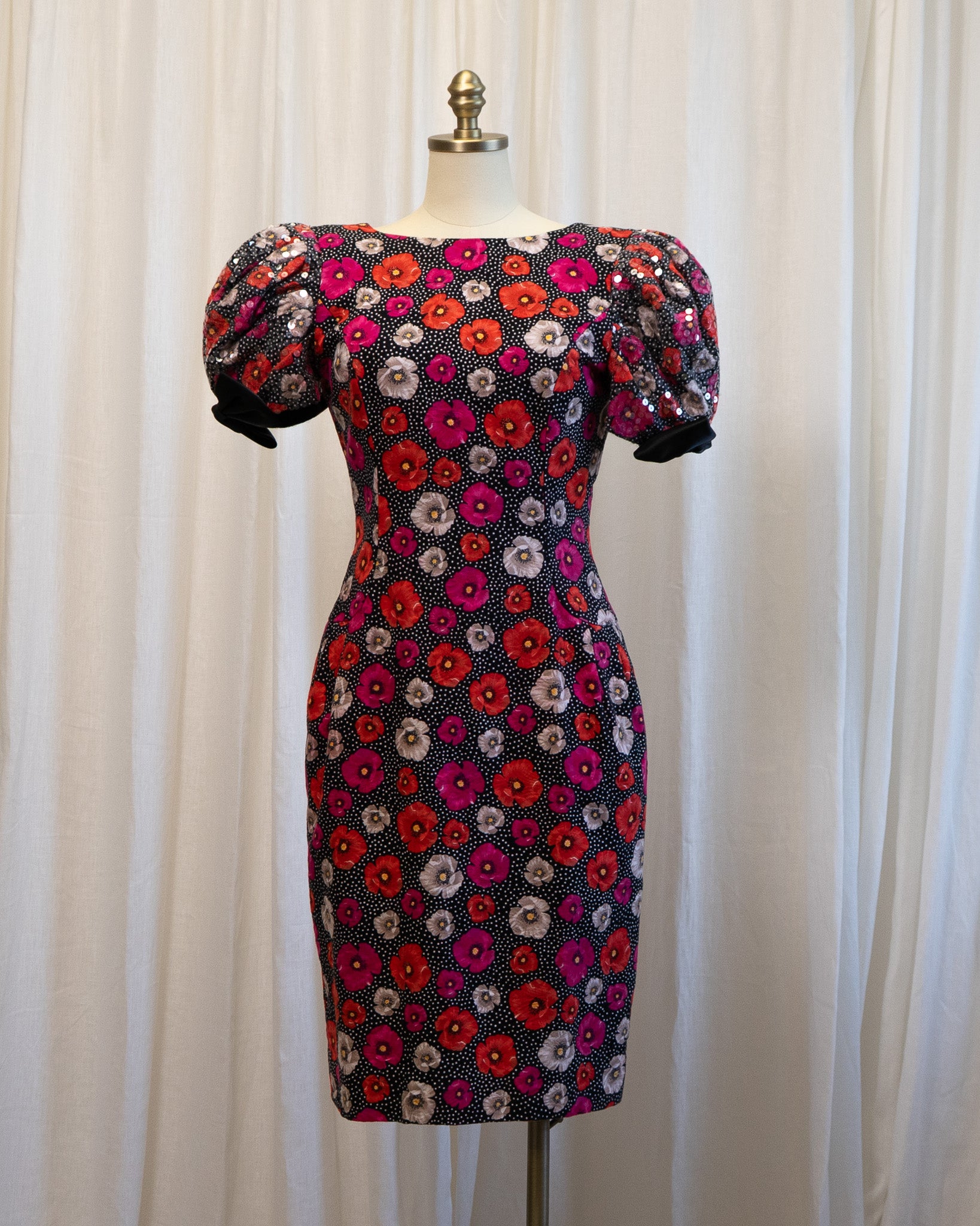 80s Morton Myles Poppies Polka Dot Sequined Puff Sleeve Cocktail Dress