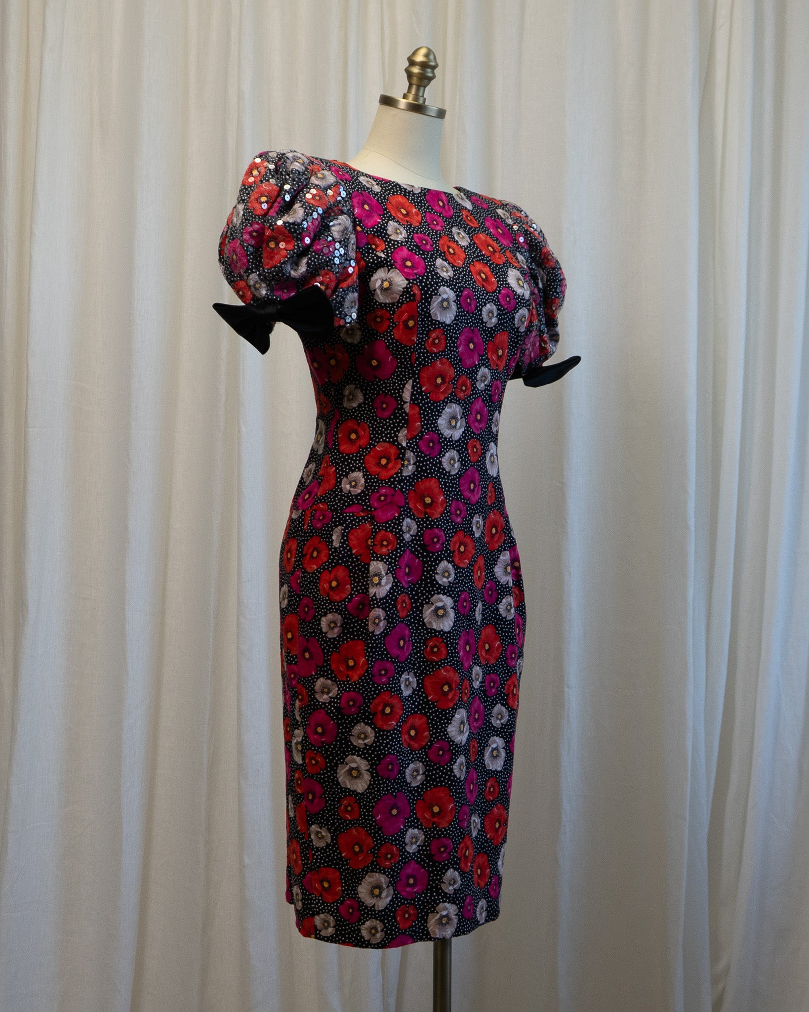 80s Morton Myles Poppies Polka Dot Sequined Puff Sleeve Cocktail Dress