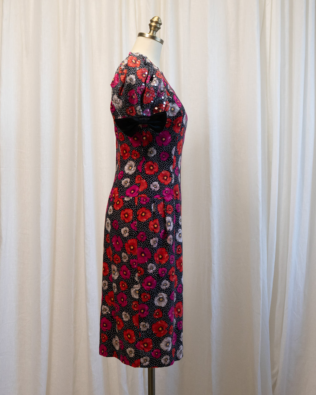 80s Morton Myles Poppies Polka Dot Sequined Puff Sleeve Cocktail Dress