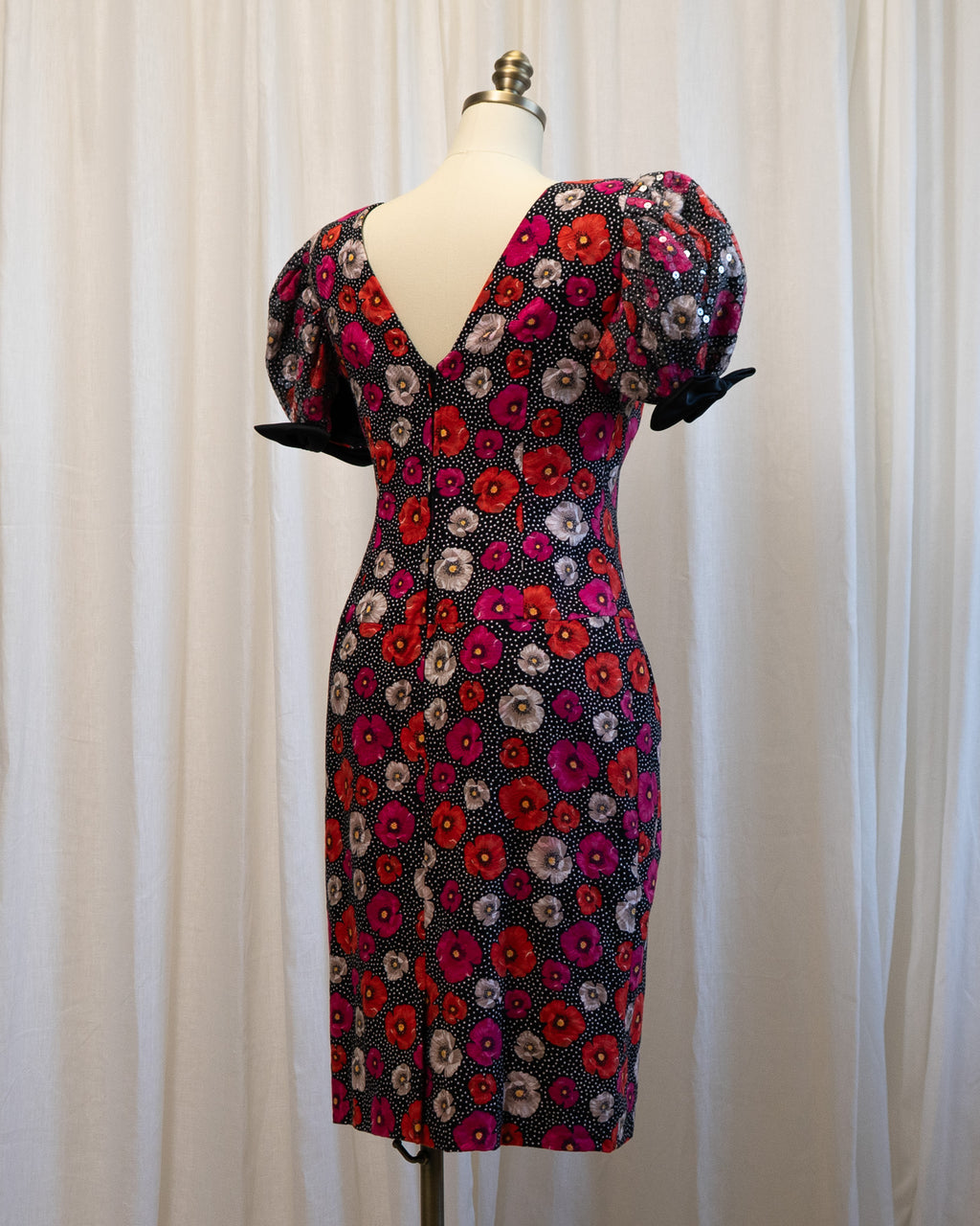 80s Morton Myles Poppies Polka Dot Sequined Puff Sleeve Cocktail Dress