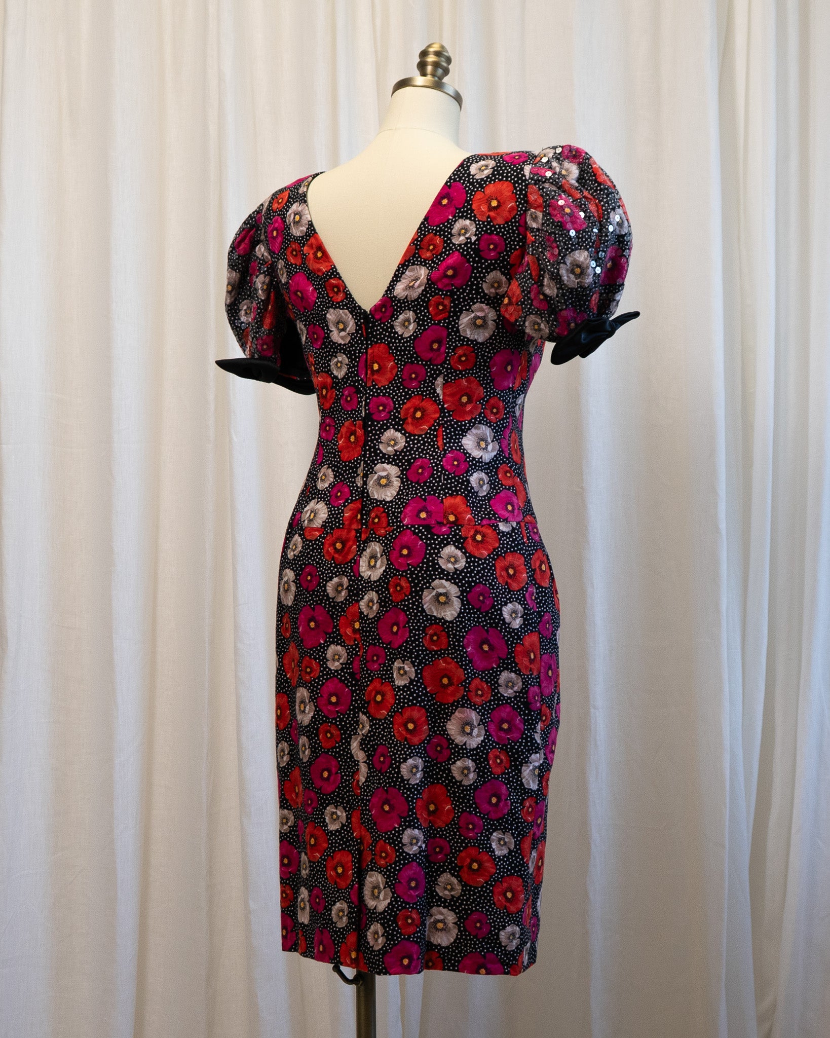 80s Morton Myles Poppies Polka Dot Sequined Puff Sleeve Cocktail Dress